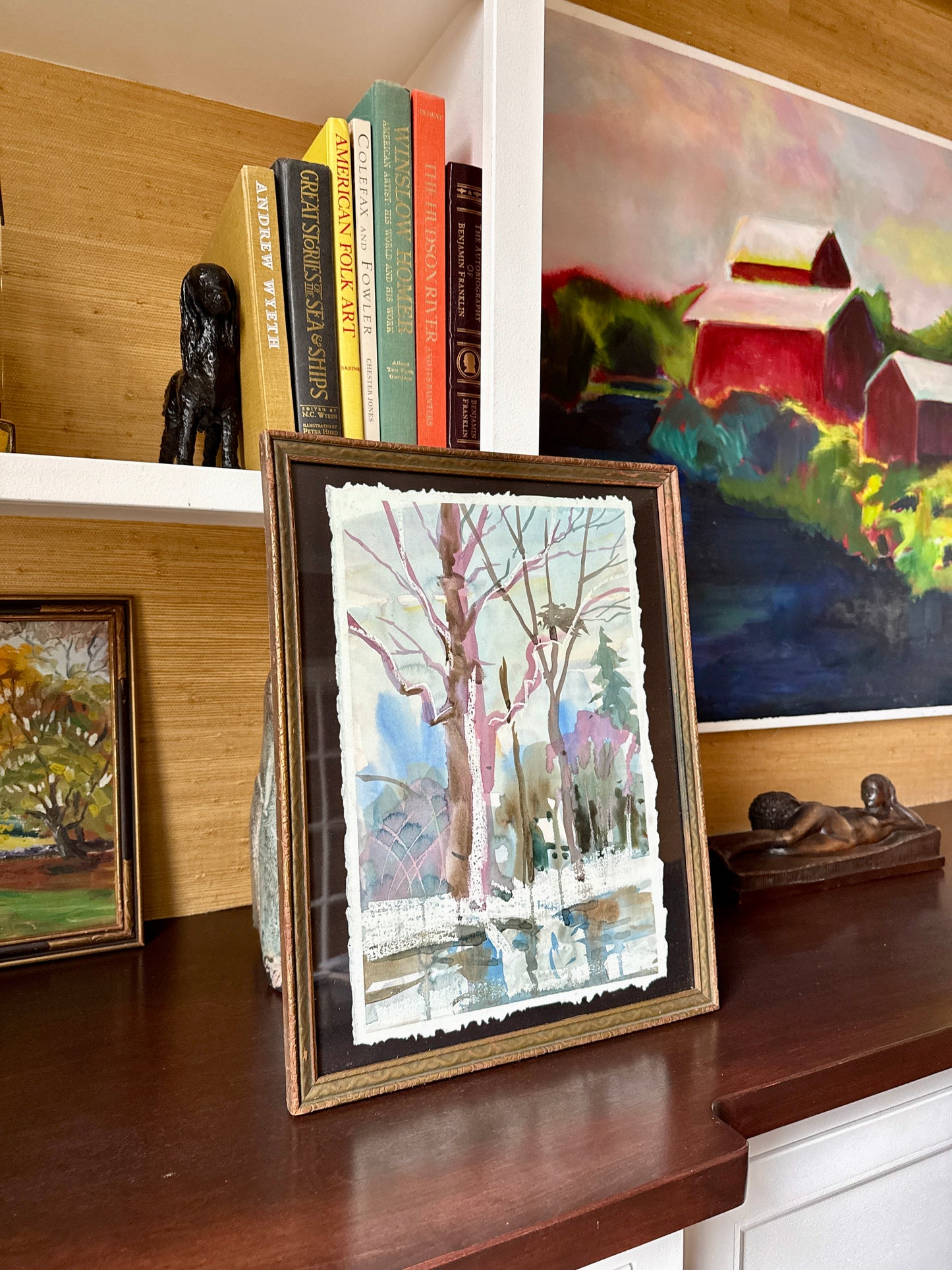 Julie A. Blanchard Cape Code Expressionist Landscape Watercolor in Carved Wood Frame
