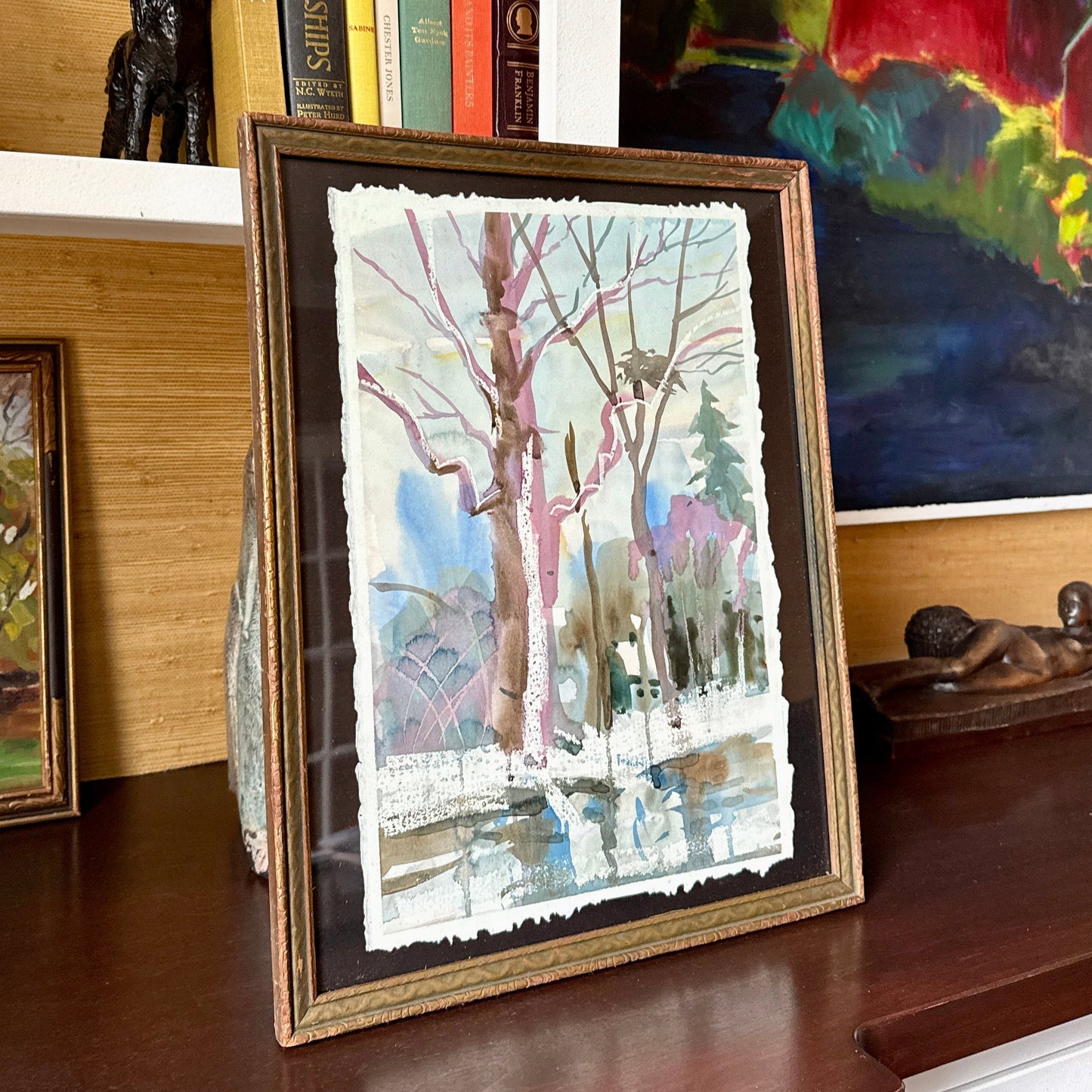 Julie A. Blanchard Cape Code Expressionist Landscape Watercolor in Carved Wood Frame