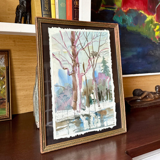 Julie A. Blanchard Cape Code Expressionist Landscape Watercolor in Carved Wood Frame