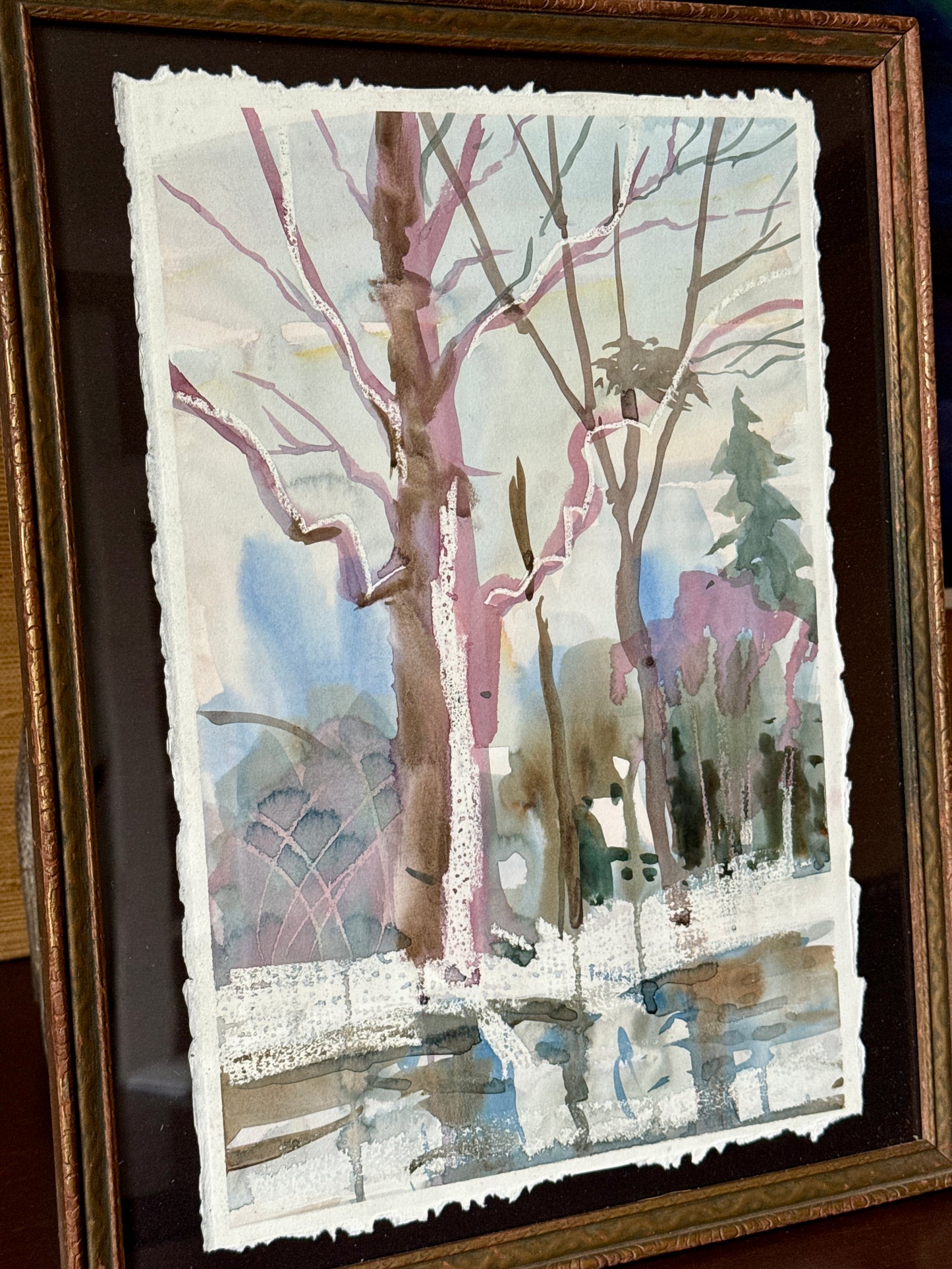 Julie A. Blanchard Cape Code Expressionist Landscape Watercolor in Carved Wood Frame