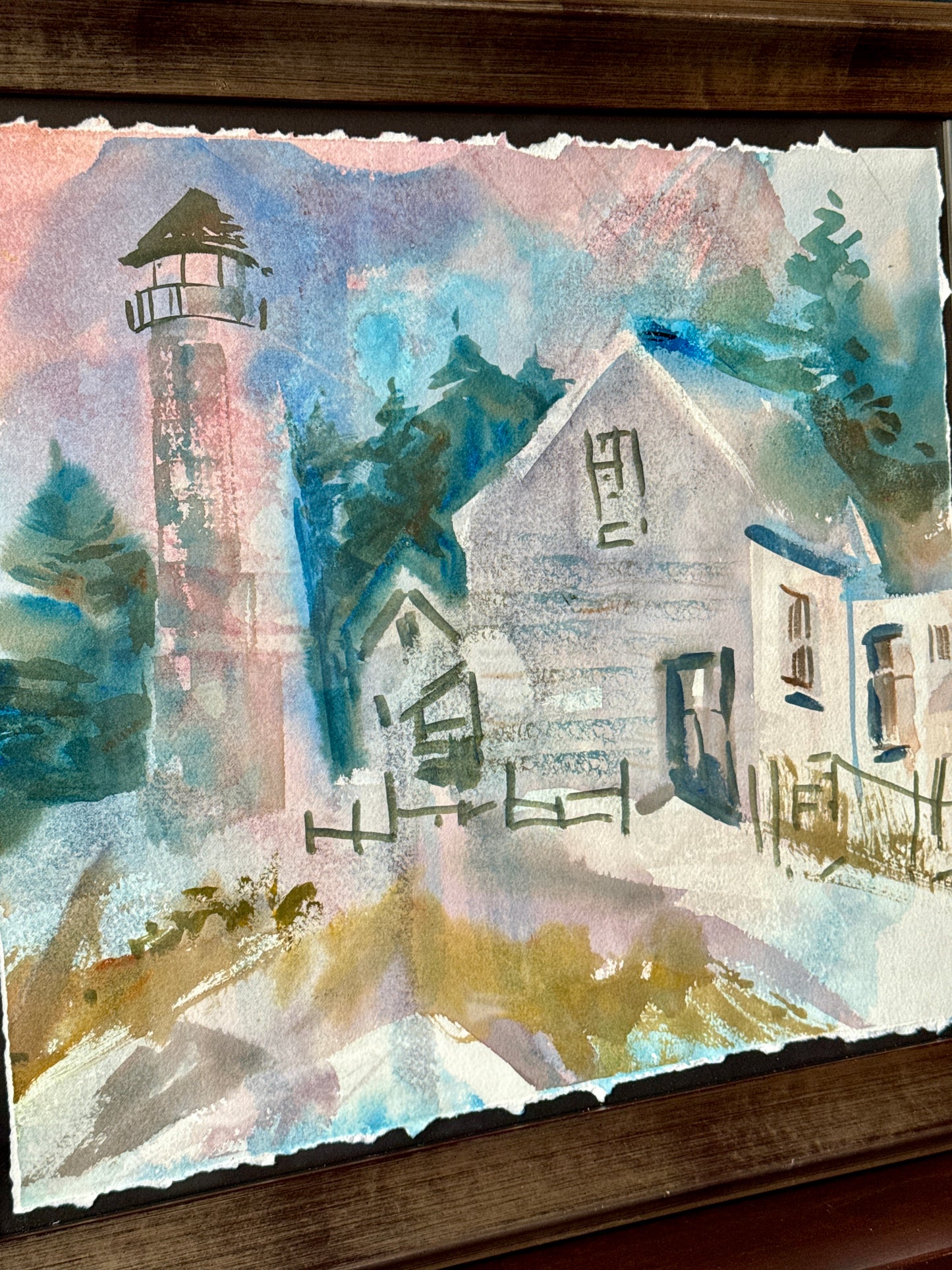 Julie A. Blanchard Cape Code Expressionist Coastal Lighthouse Landscape Watercolor in Silver Frame