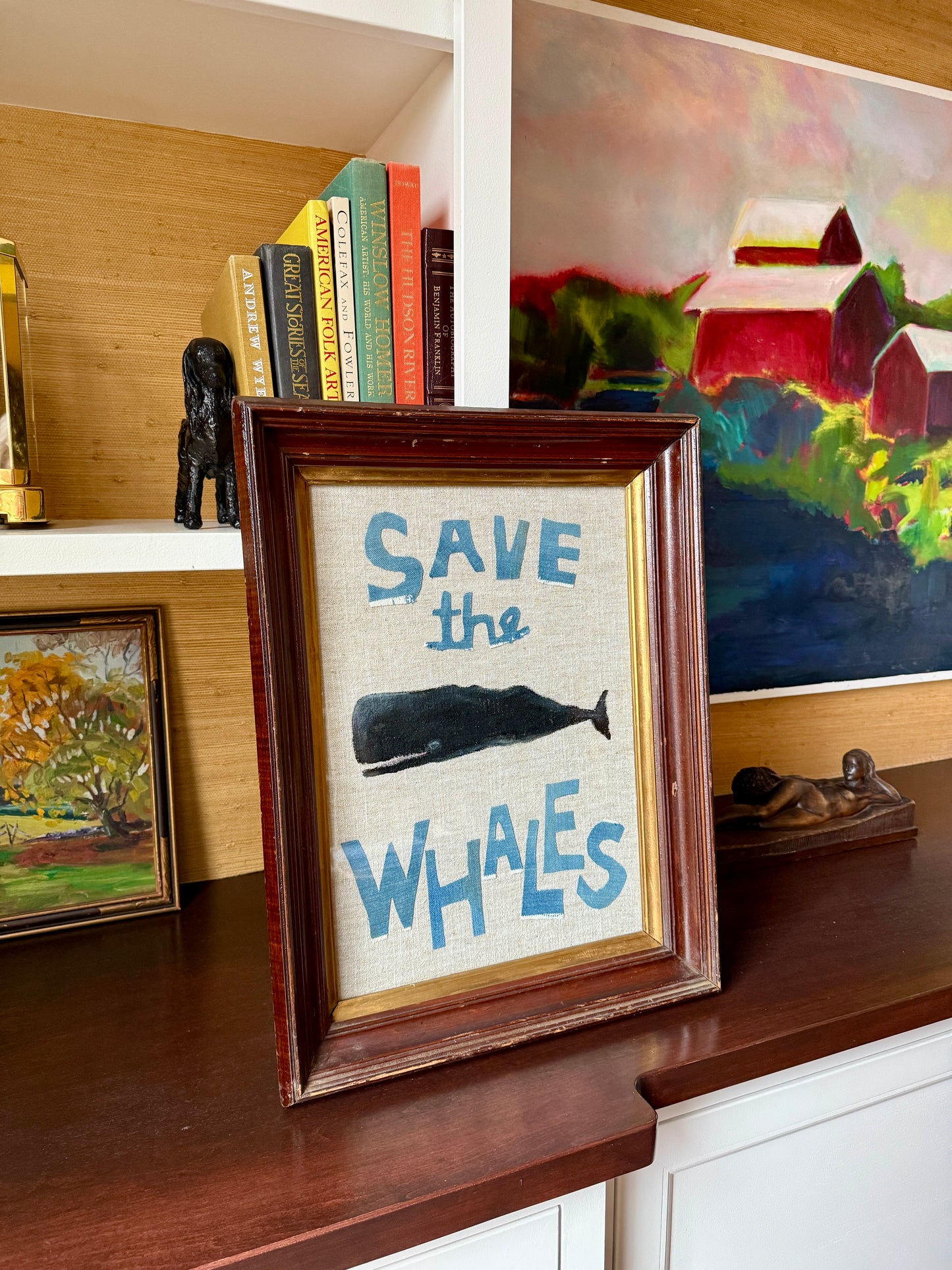 Save the Whales Mixed Media Painting on Linen in 19th Century Deep Wood Frame