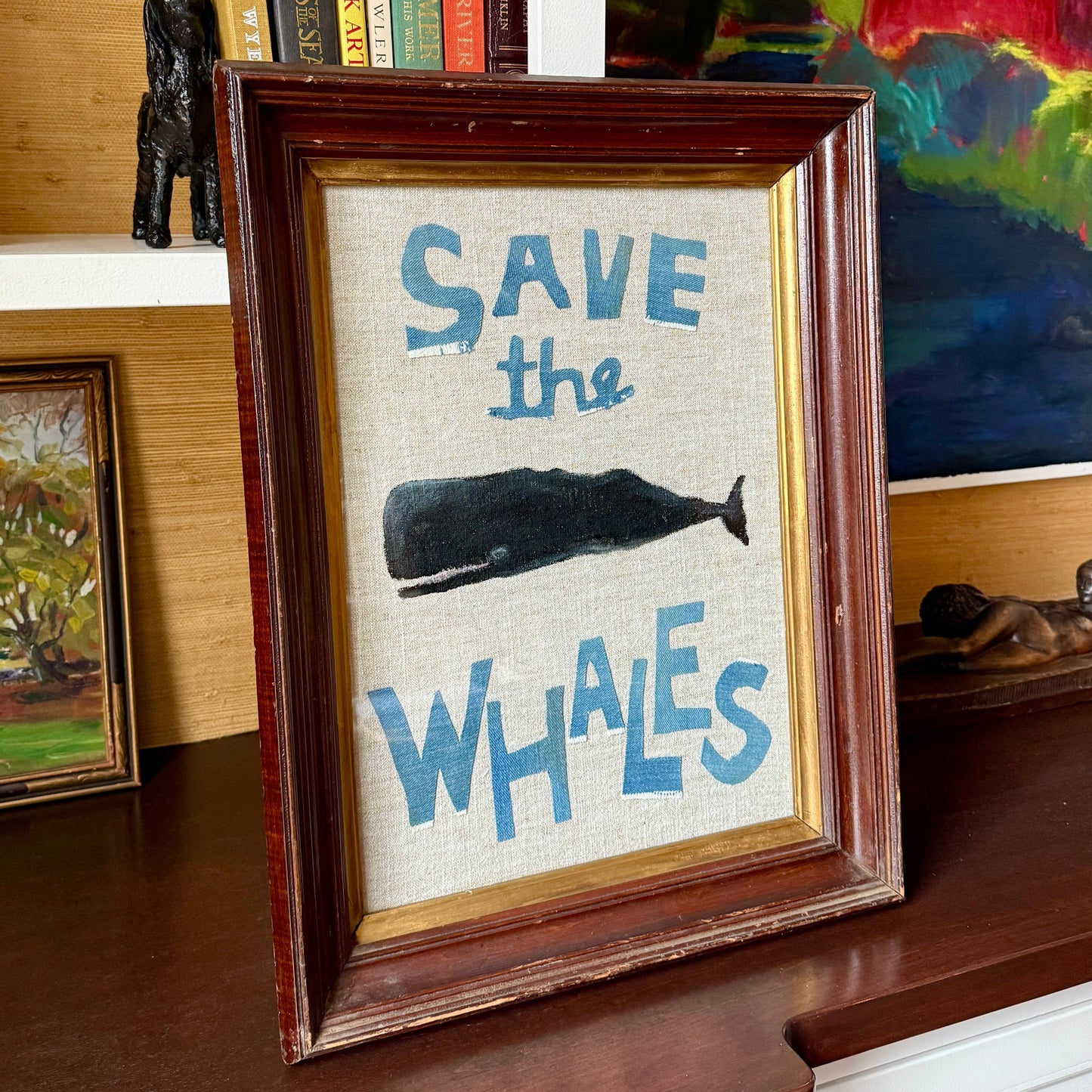 Save the Whales Mixed Media Painting on Linen in 19th Century Deep Wood Frame