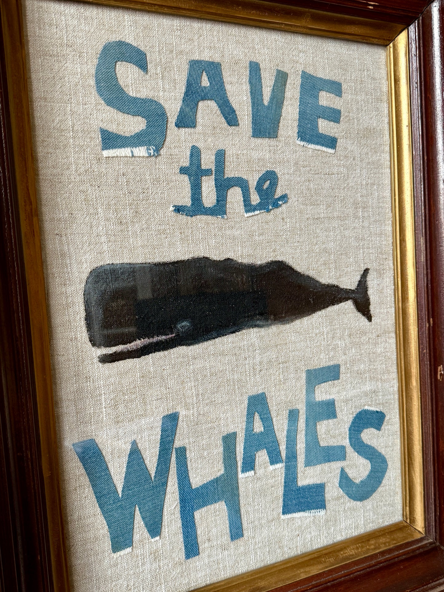 Save the Whales Mixed Media Painting on Linen in 19th Century Deep Wood Frame