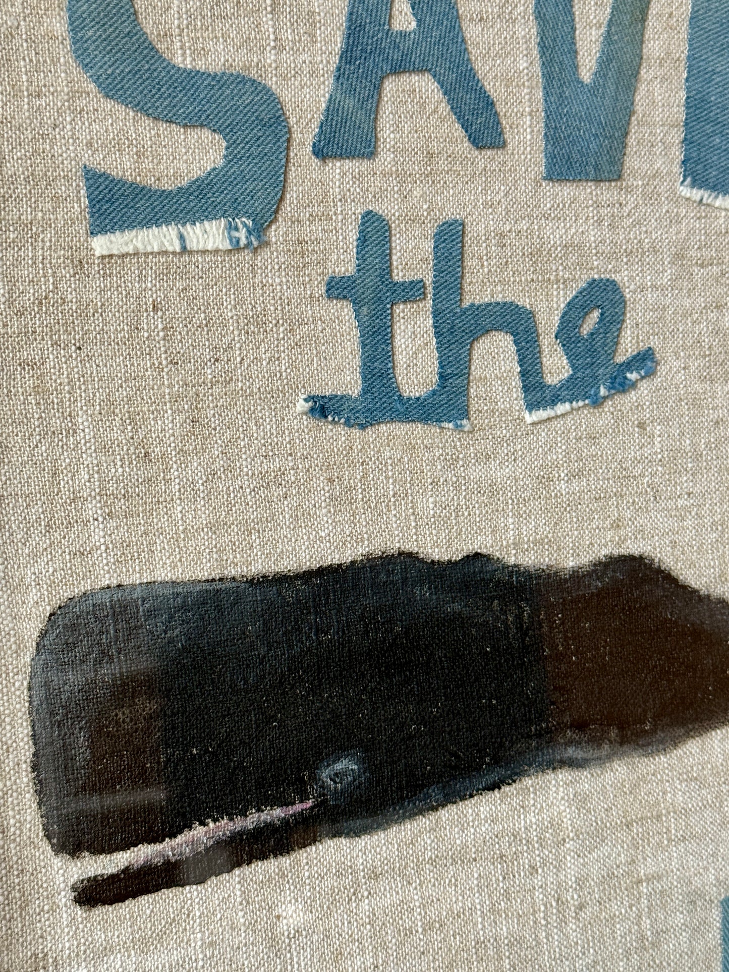 Save the Whales Mixed Media Painting on Linen in 19th Century Deep Wood Frame