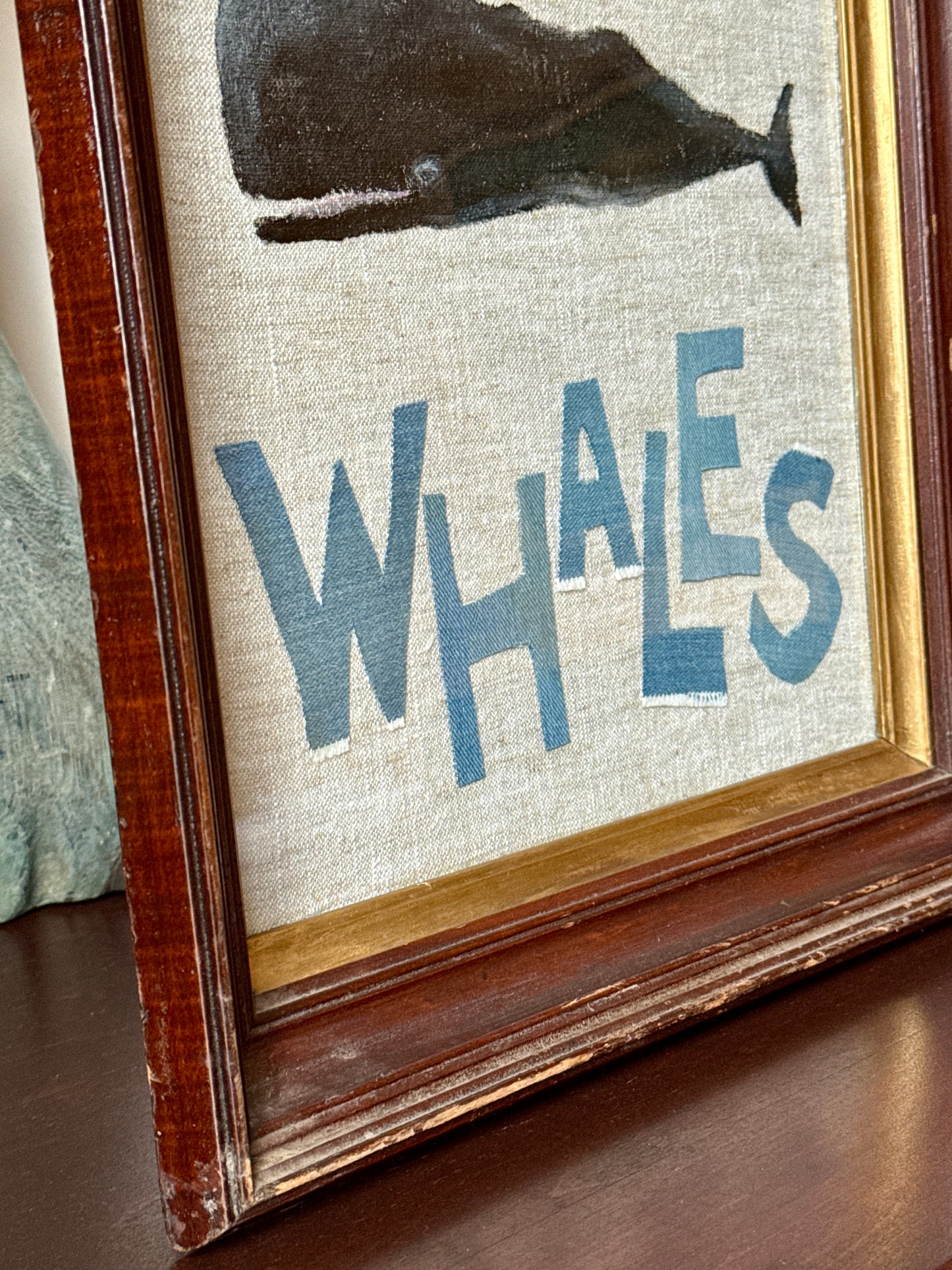 Save the Whales Mixed Media Painting on Linen in 19th Century Deep Wood Frame