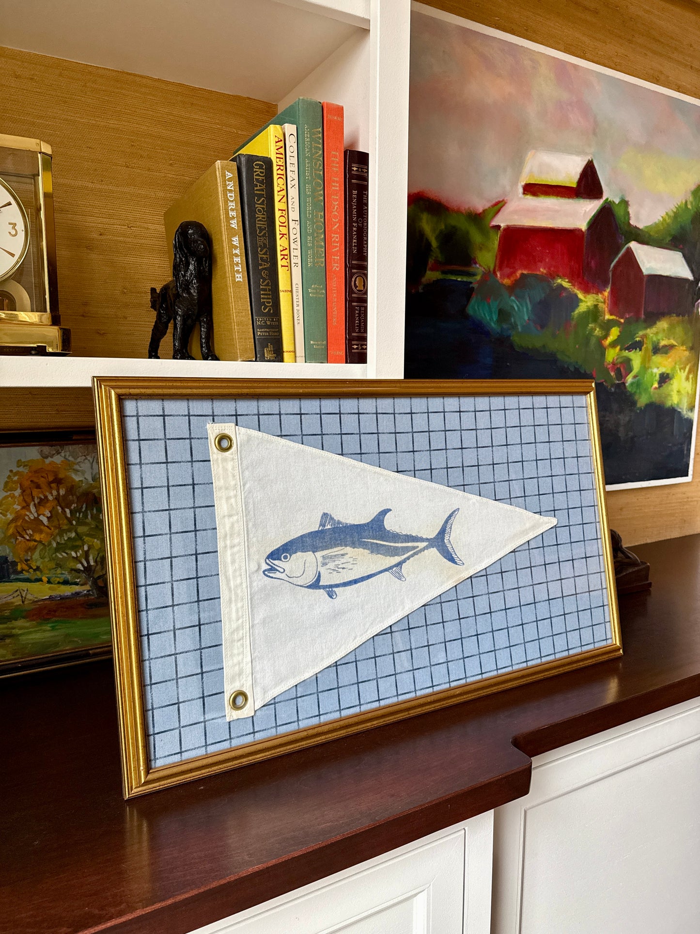 Vintage Cotton Canvas Tuna Nautical Boating Flag on Blue Windowpane in Gold Frame