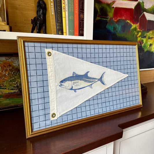 Vintage Cotton Canvas Tuna Nautical Boating Flag on Blue Windowpane in Gold Frame