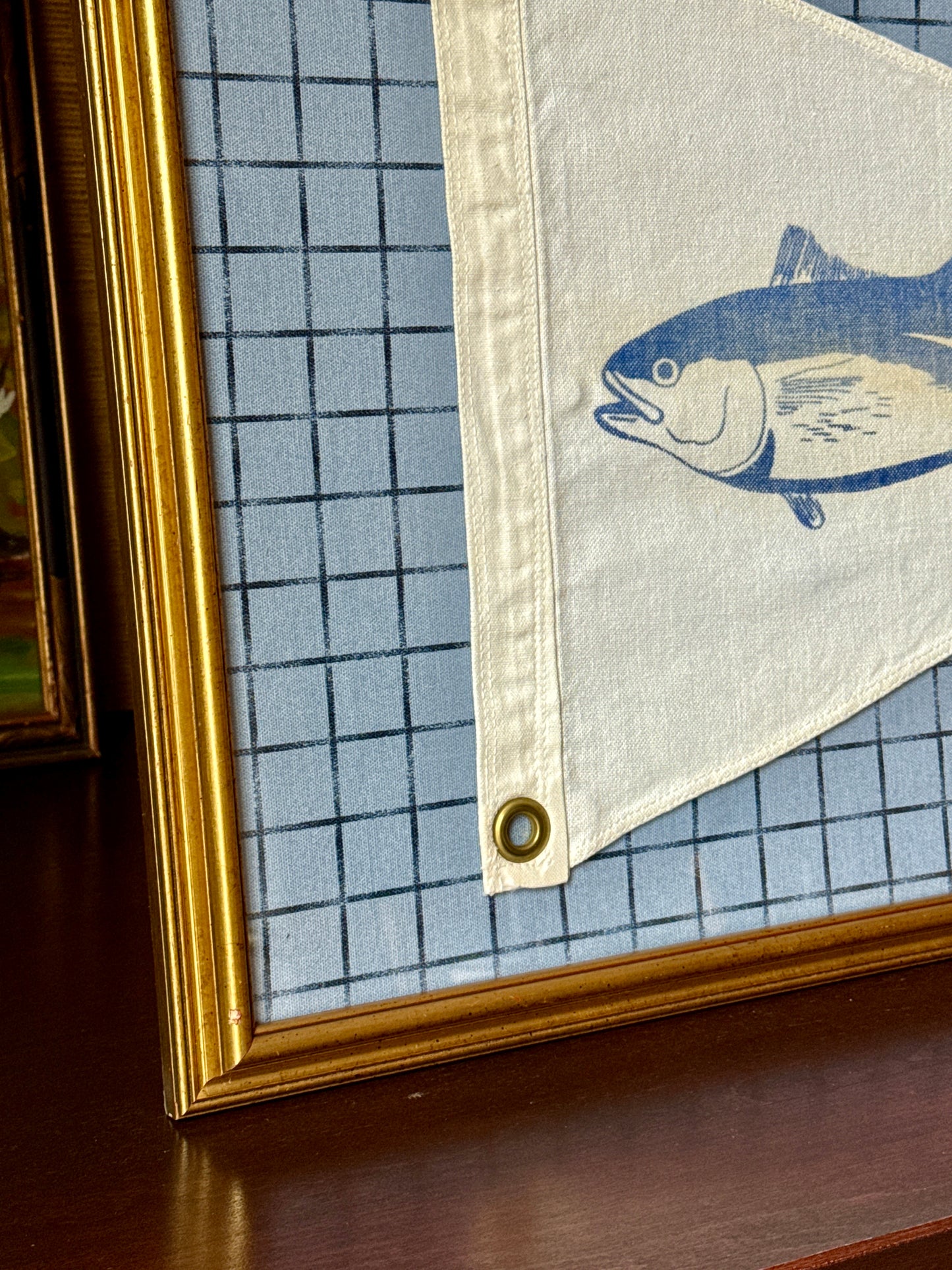 Vintage Cotton Canvas Tuna Nautical Boating Flag on Blue Windowpane in Gold Frame