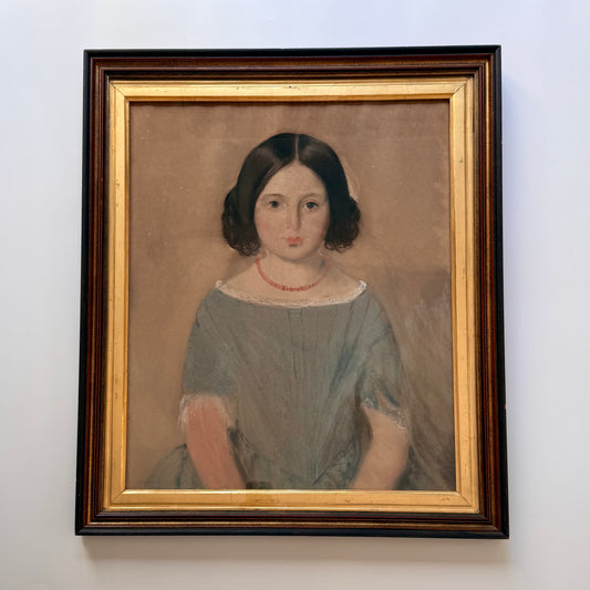 Mid 19th Century Pastel Portrait of Girl in Blue Dress and Coral Necklace in Gilt and Wood Frame