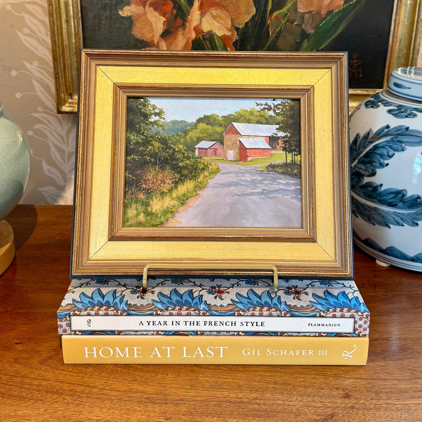 Anthony R. Thompson Country Road Barn Landscape Oil Painting in Gold Frame