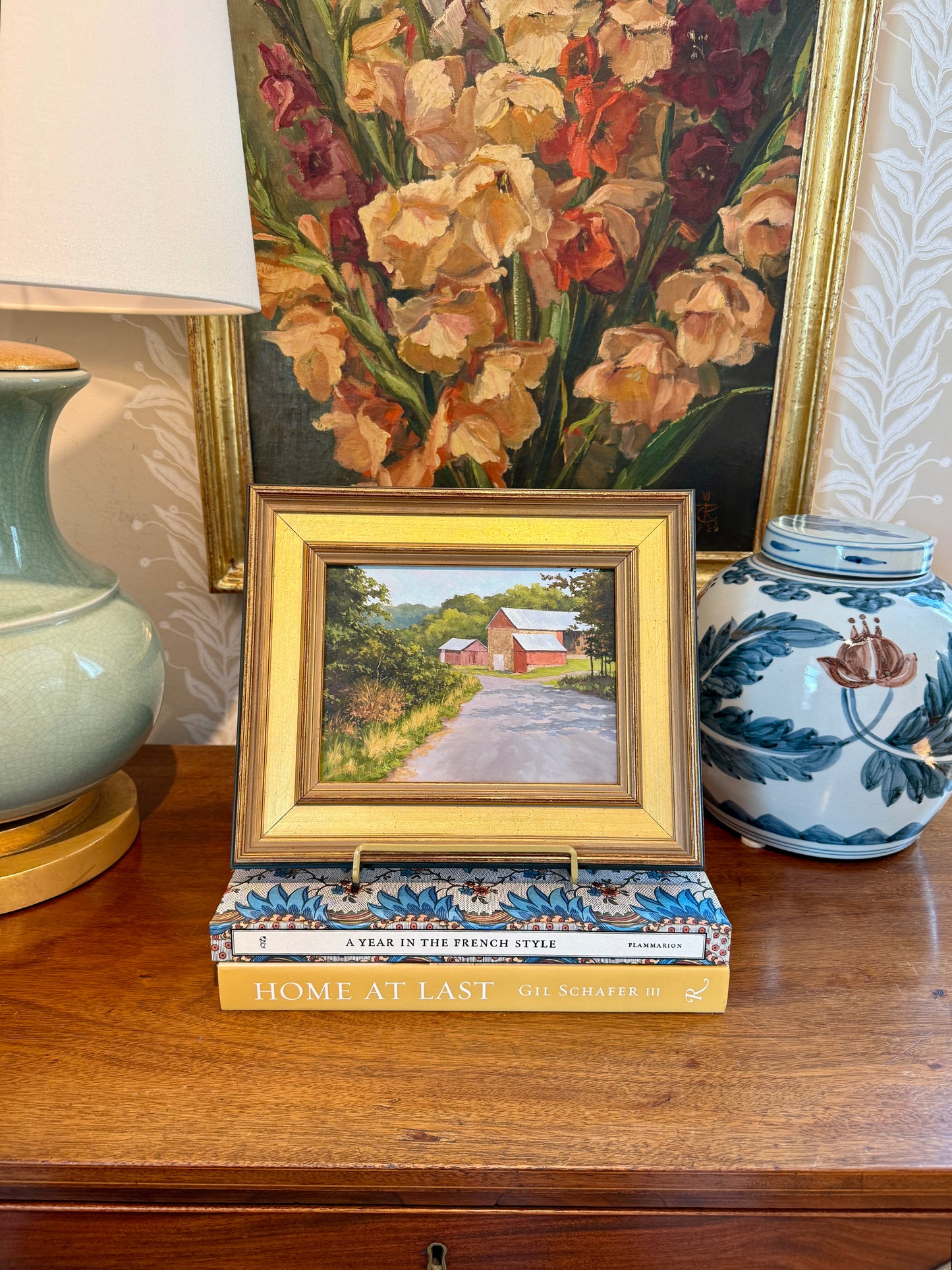 Anthony R. Thompson Country Road Barn Landscape Oil Painting in Gold Frame