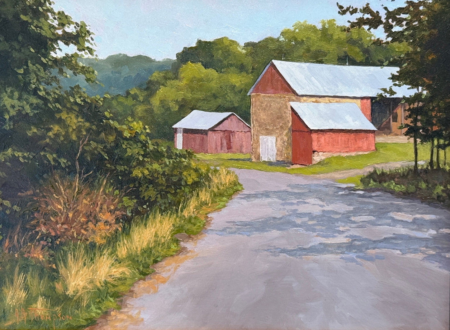 Anthony R. Thompson Country Road Barn Landscape Oil Painting in Gold Frame