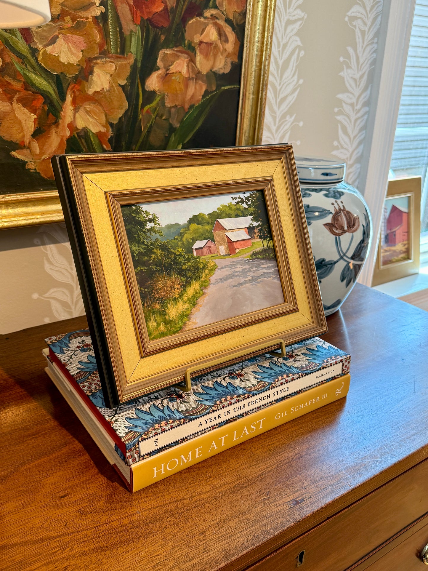 Anthony R. Thompson Country Road Barn Landscape Oil Painting in Gold Frame
