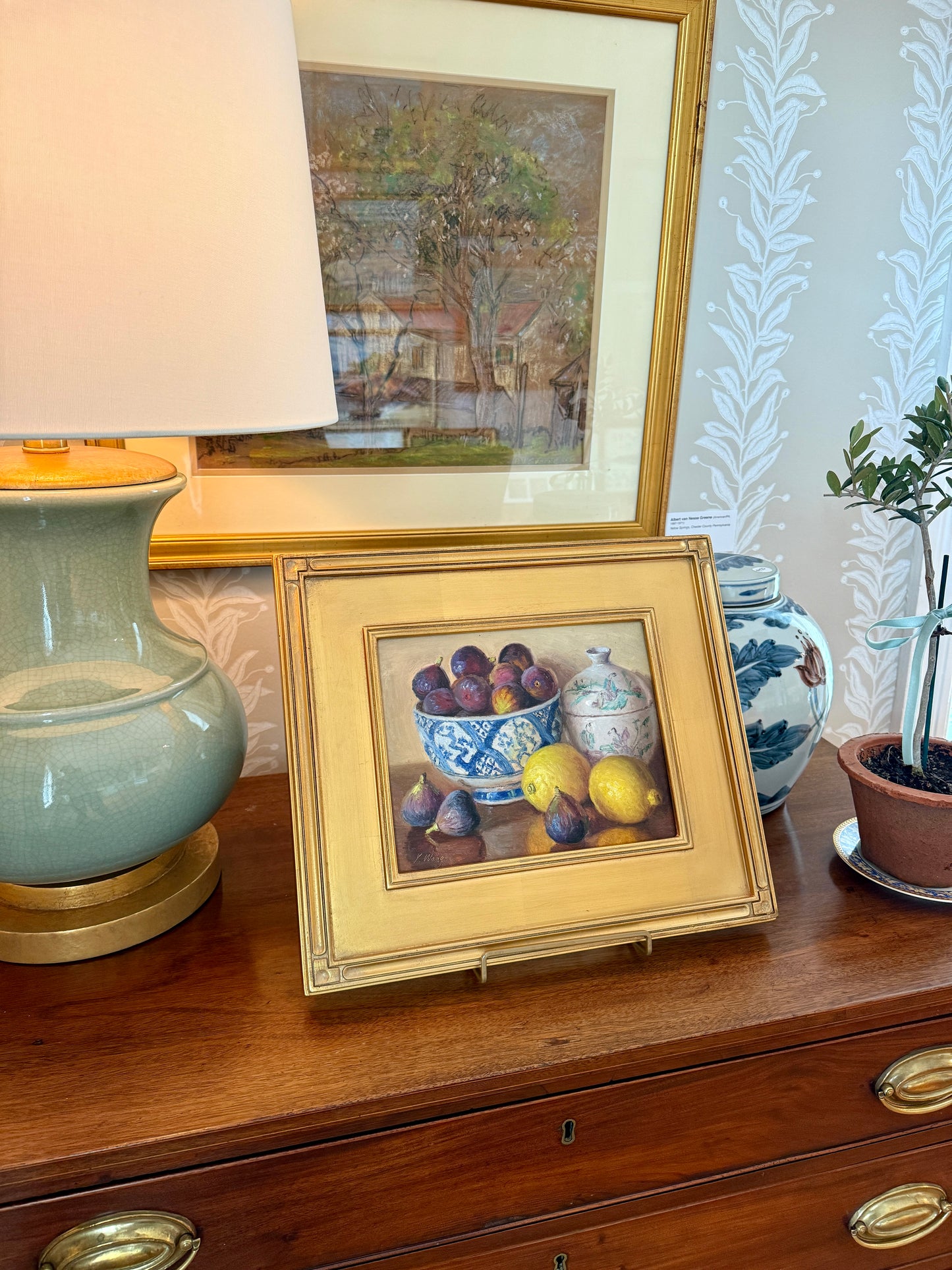 Youqing Wang Figs in Blue and White Bowl with Lemons and Lavender Porcelain Oil Painting