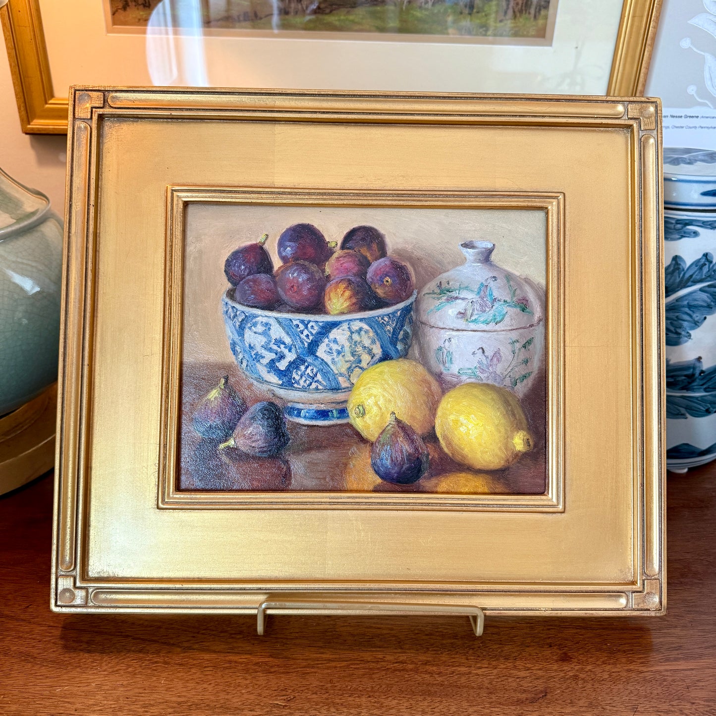 Youqing Wang Figs in Blue and White Bowl with Lemons and Lavender Porcelain Oil Painting