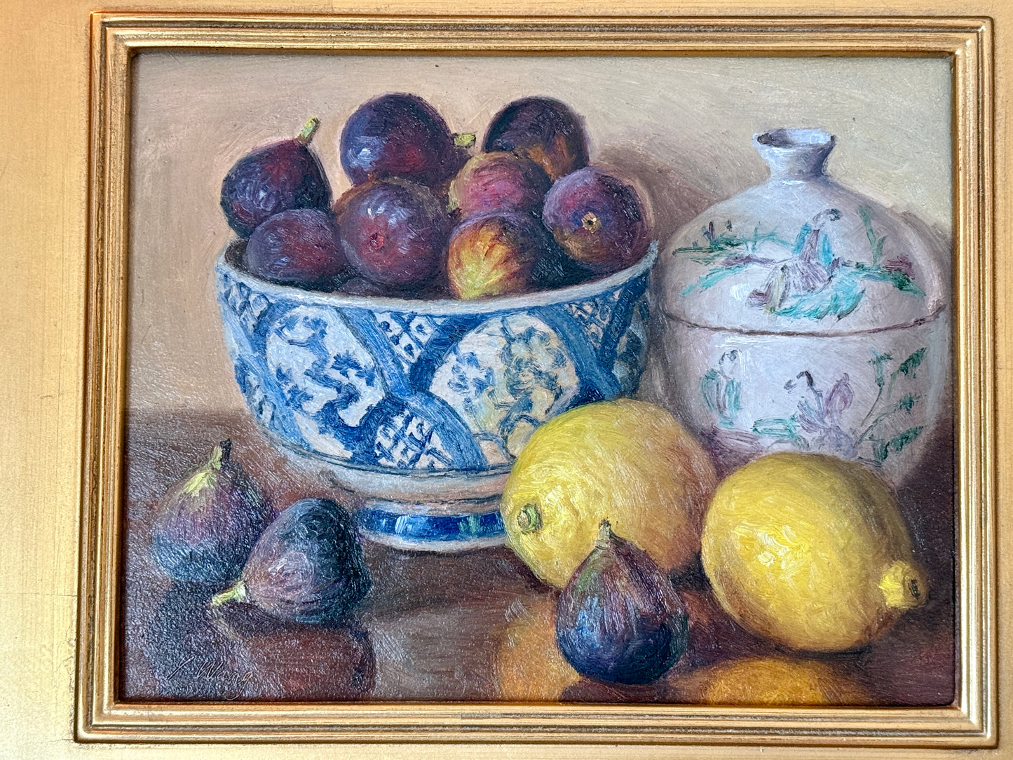 Youqing Wang Figs in Blue and White Bowl with Lemons and Lavender Porcelain Oil Painting
