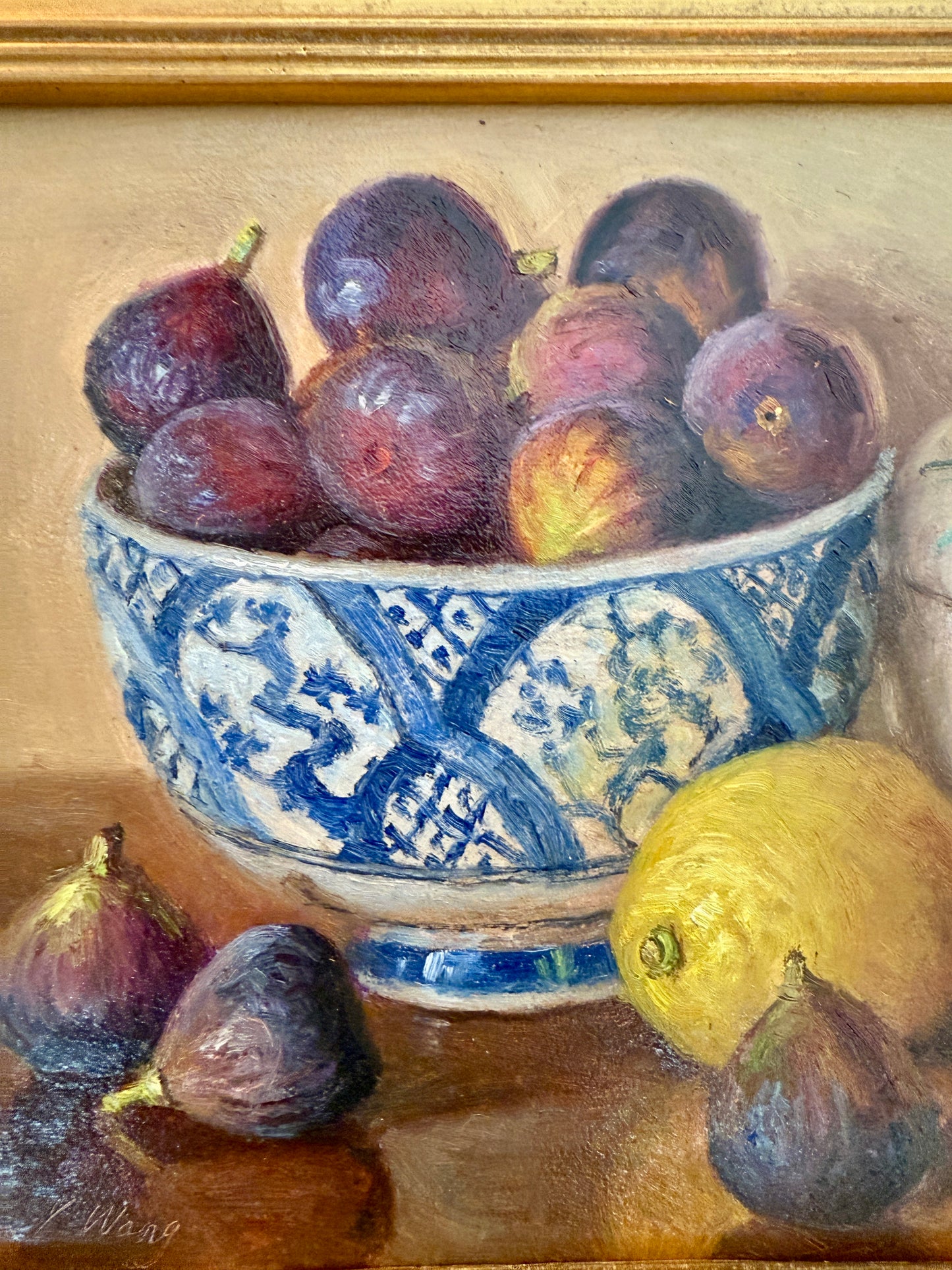 Youqing Wang Figs in Blue and White Bowl with Lemons and Lavender Porcelain Oil Painting