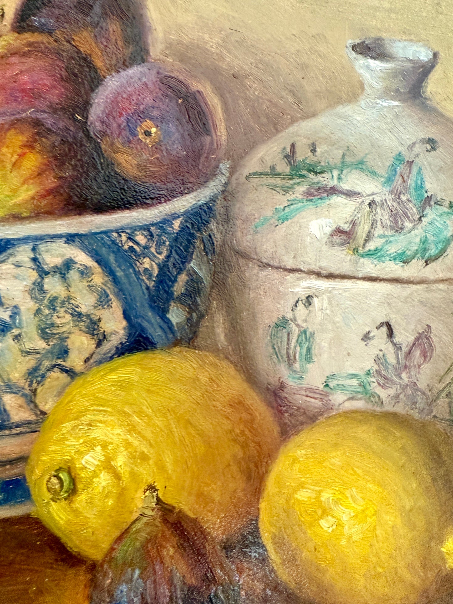 Youqing Wang Figs in Blue and White Bowl with Lemons and Lavender Porcelain Oil Painting