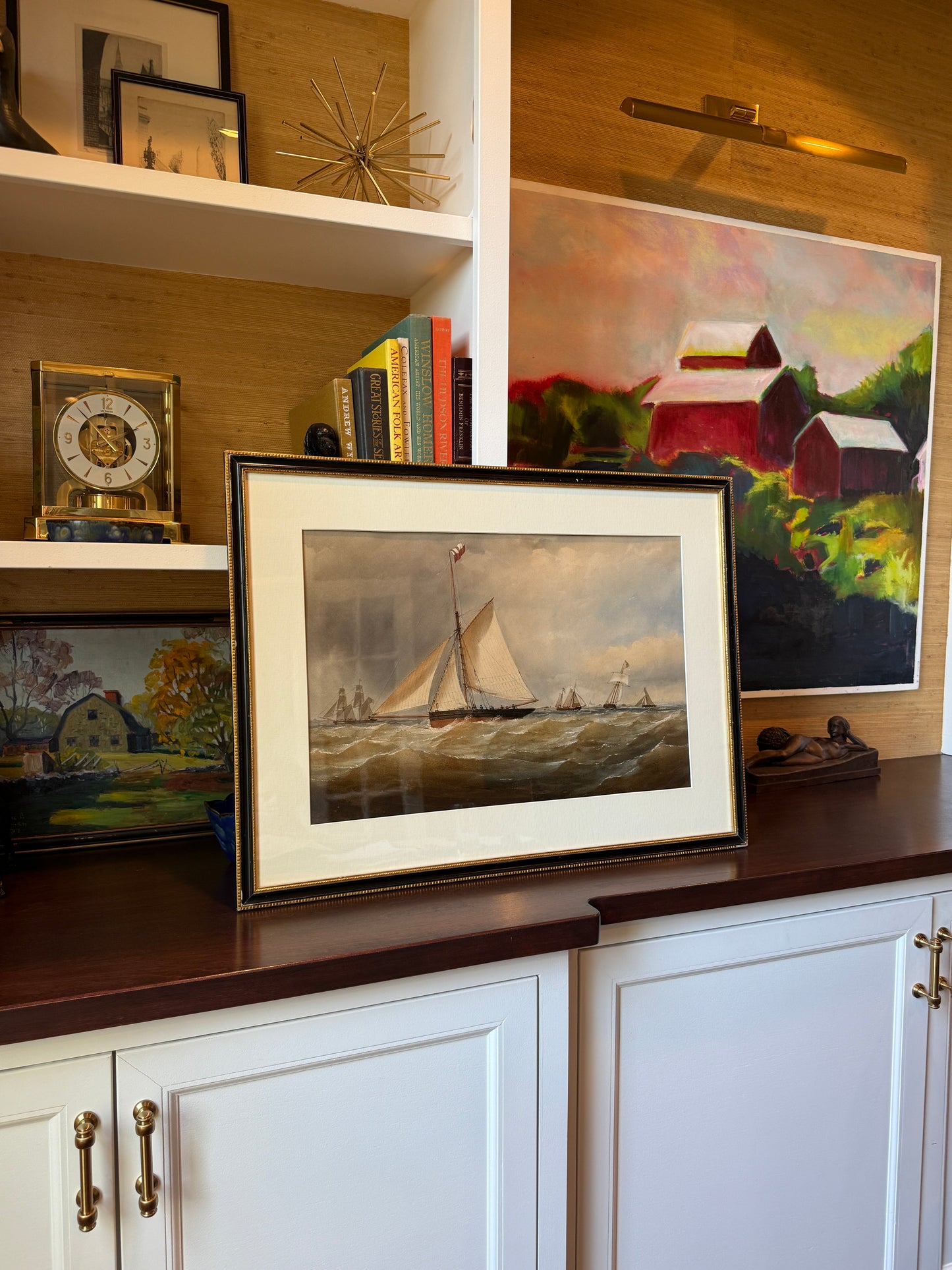 Charles Taylor 19th Century Sailships in Seascape Watercolor Painting in Black and Gilded Frame