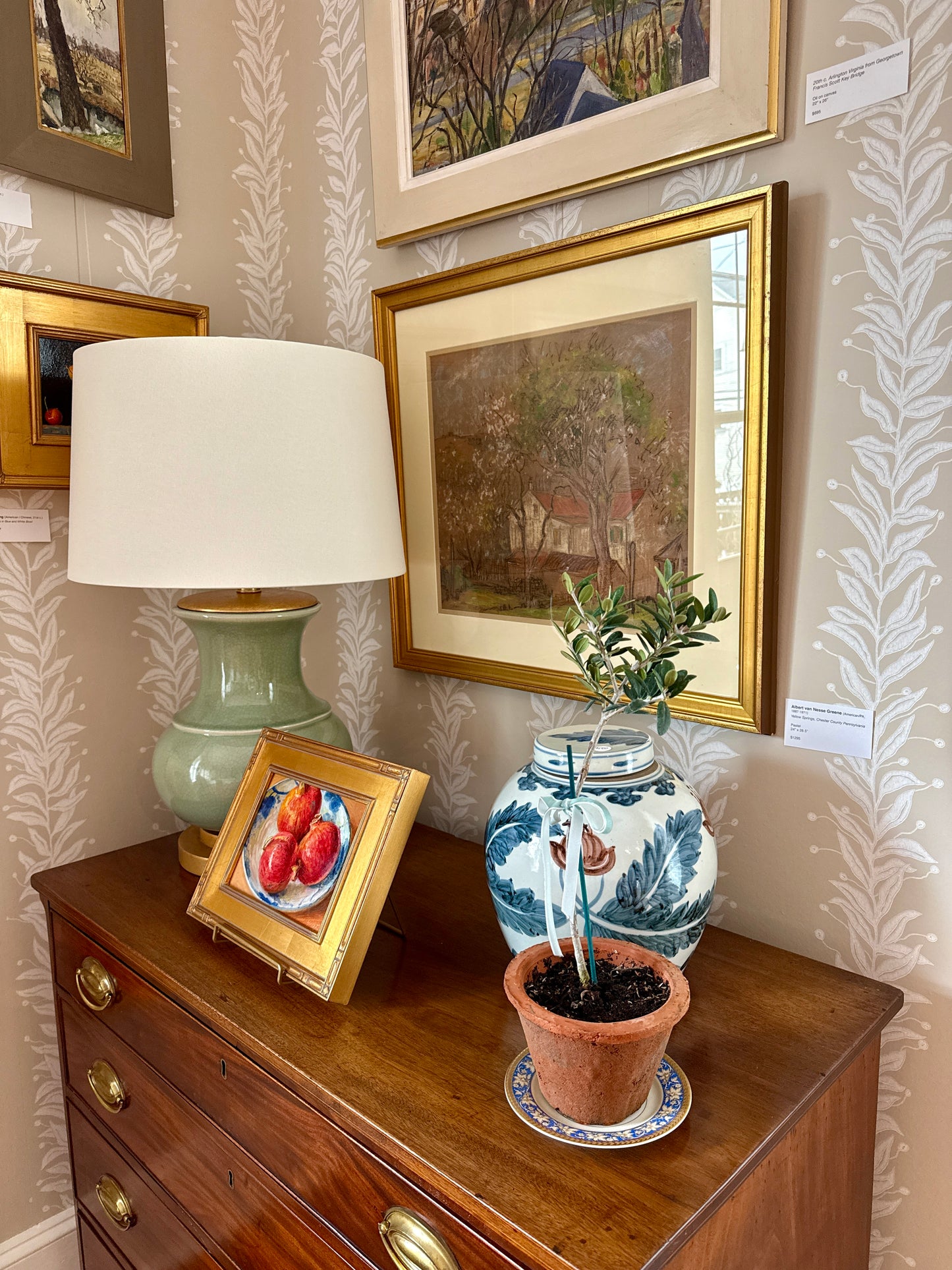 Whole Pomegranates in Blue and White Bowl Still Life Oil Painting in Gold Frame