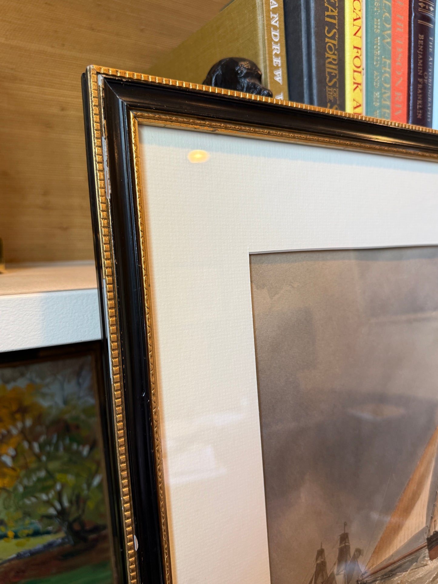 Charles Taylor 19th Century Sailships in Seascape Watercolor Painting in Black and Gilded Frame