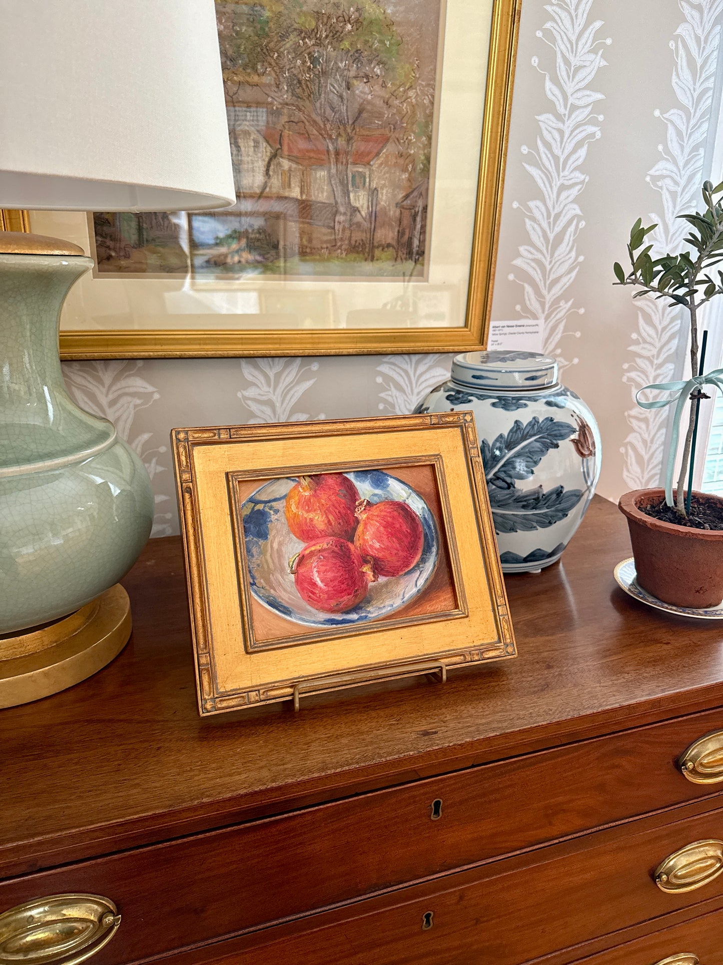 Whole Pomegranates in Blue and White Bowl Still Life Oil Painting in Gold Frame