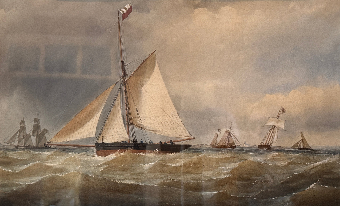 Charles Taylor 19th Century Sailships in Seascape Watercolor Painting in Black and Gilded Frame
