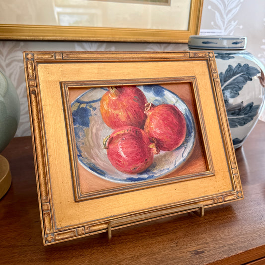 Whole Pomegranates in Blue and White Bowl Still Life Oil Painting in Gold Frame