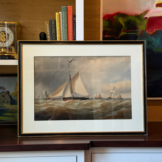 Charles Taylor 19th Century Sailships in Seascape Watercolor Painting in Black and Gilded Frame