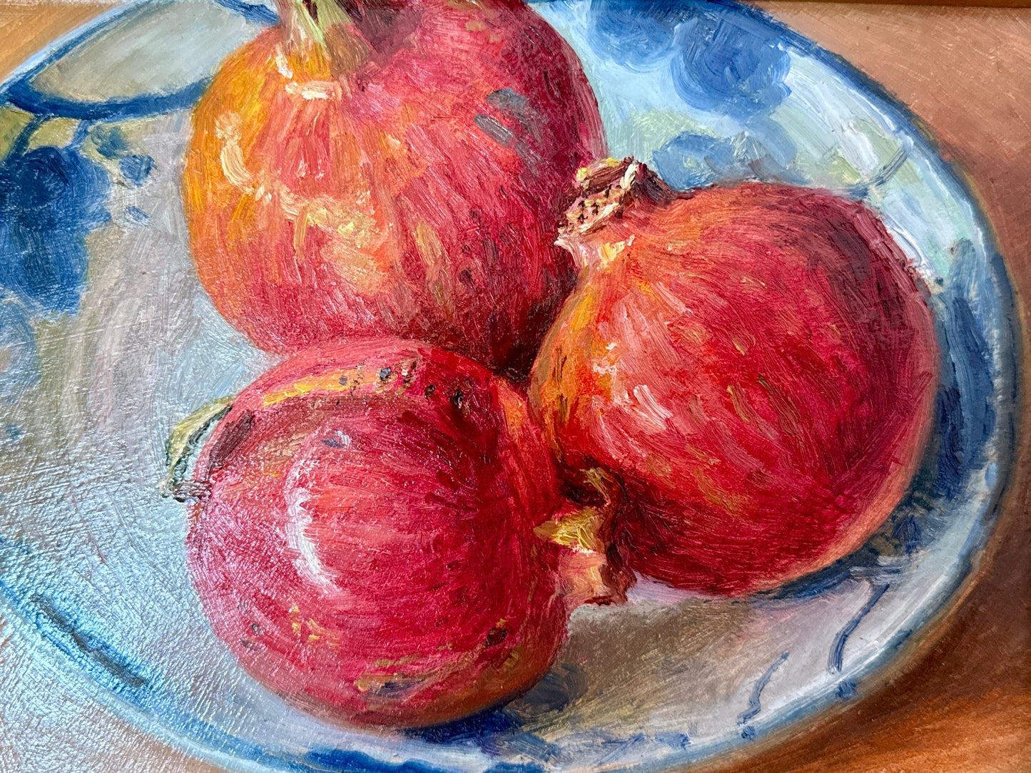 Whole Pomegranates in Blue and White Bowl Still Life Oil Painting in Gold Frame