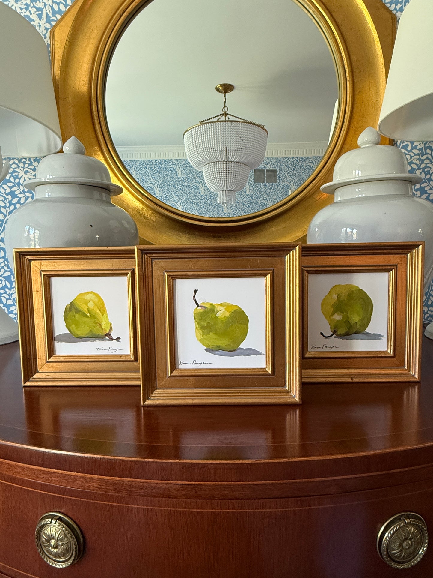 Set of Three Diane Flanagan Perfect Pears Trio Still Life Oil Paintings in Gold Frame