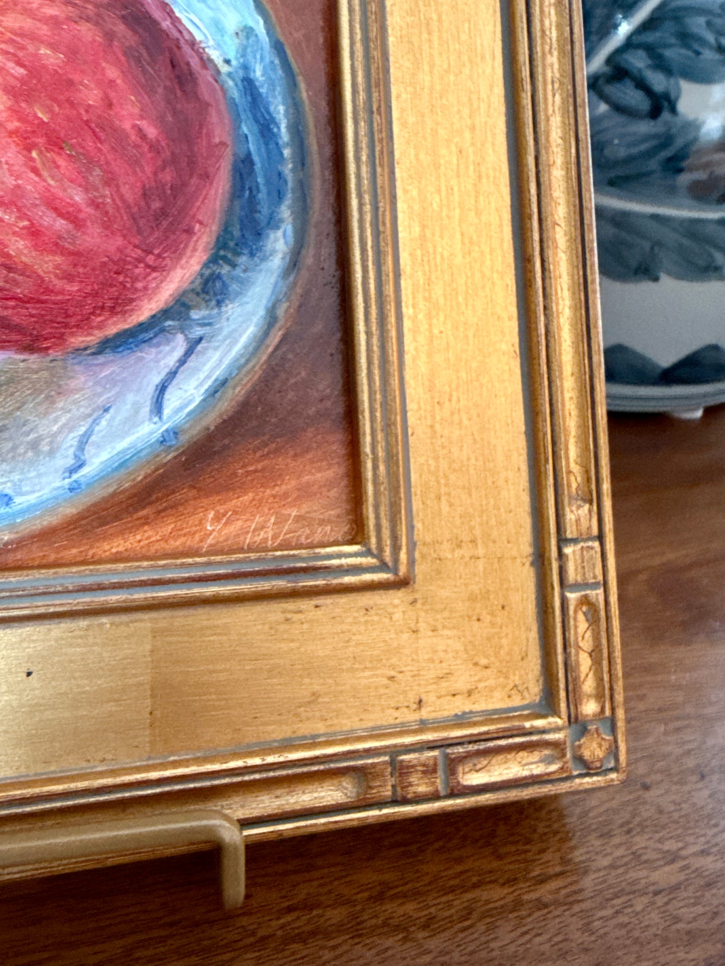 Whole Pomegranates in Blue and White Bowl Still Life Oil Painting in Gold Frame