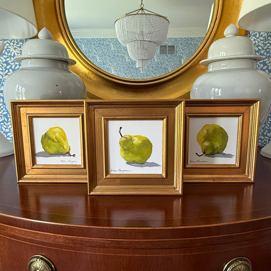 Set of Three Diane Flanagan Perfect Pears Trio Still Life Oil Paintings in Gold Frame