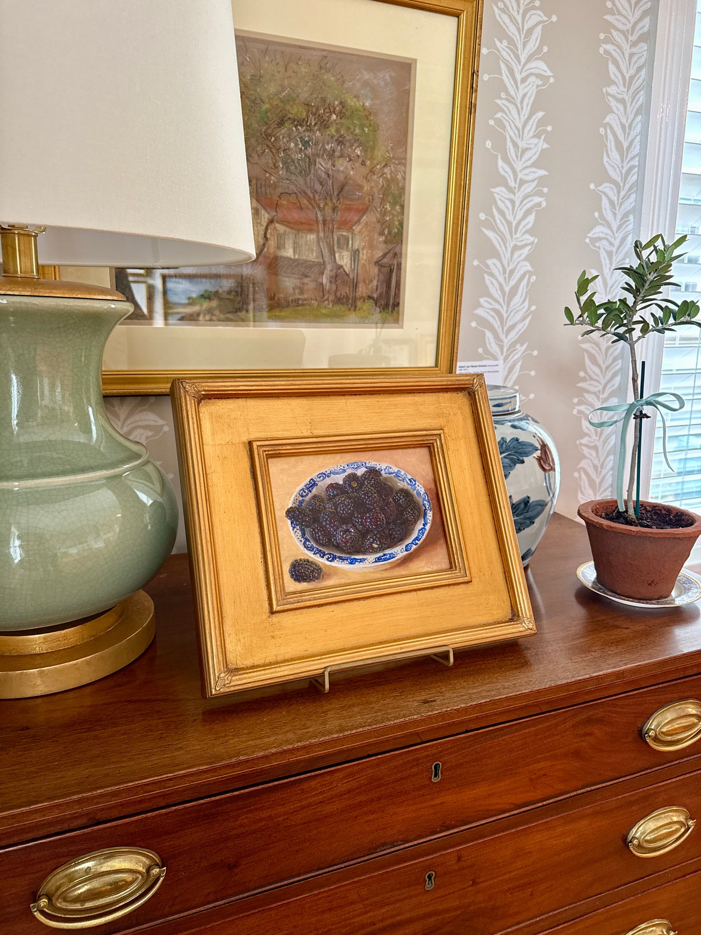 Blackberries in Blue and White Bowl Still Life Oil Painting in Gold Frame
