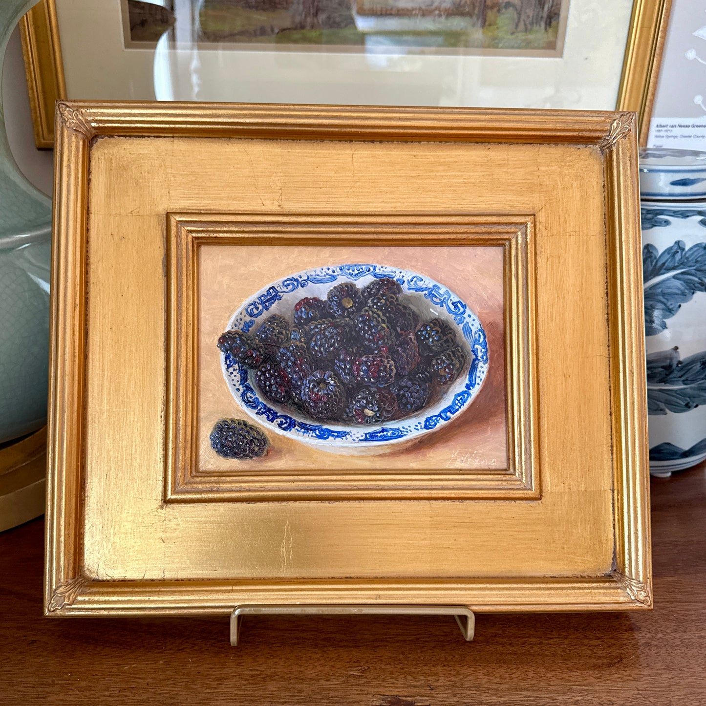Blackberries in Blue and White Bowl Still Life Oil Painting in Gold Frame