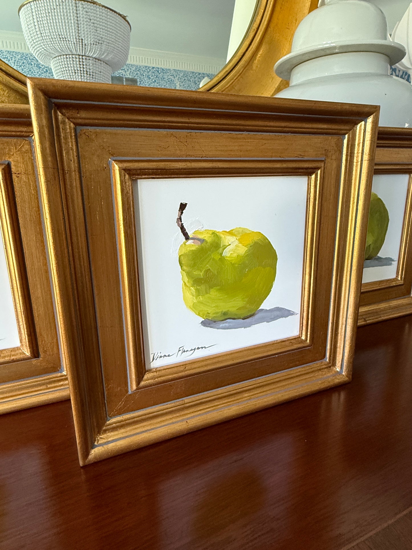 Set of Three Diane Flanagan Perfect Pears Trio Still Life Oil Paintings in Gold Frame