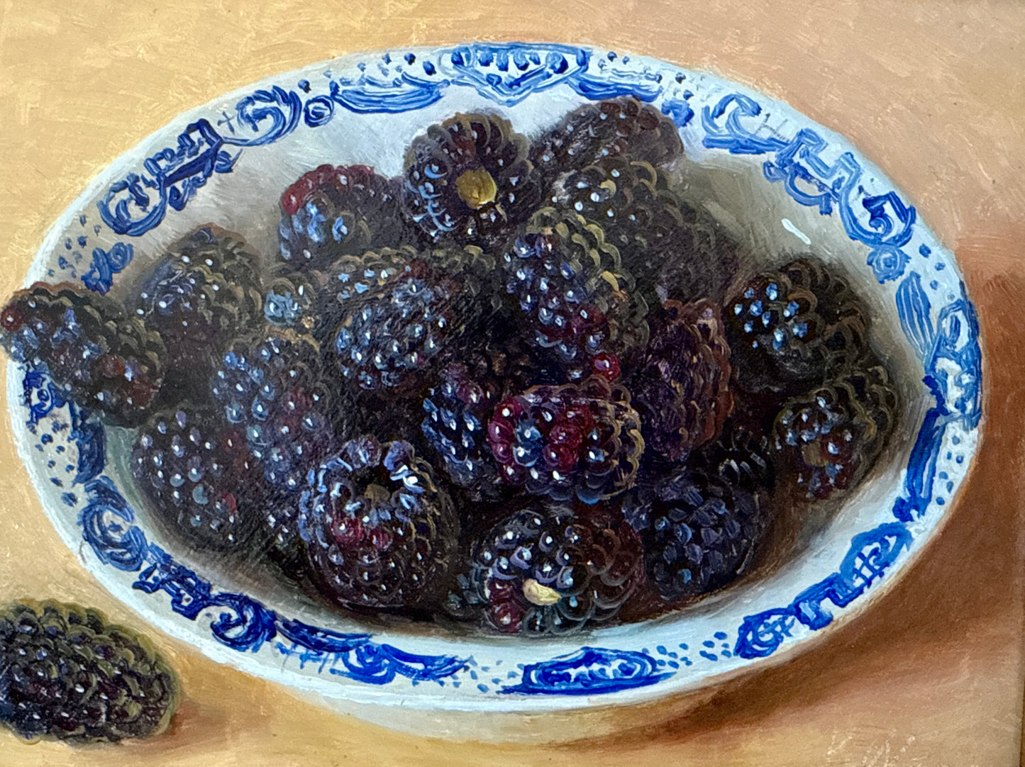 Blackberries in Blue and White Bowl Still Life Oil Painting in Gold Frame