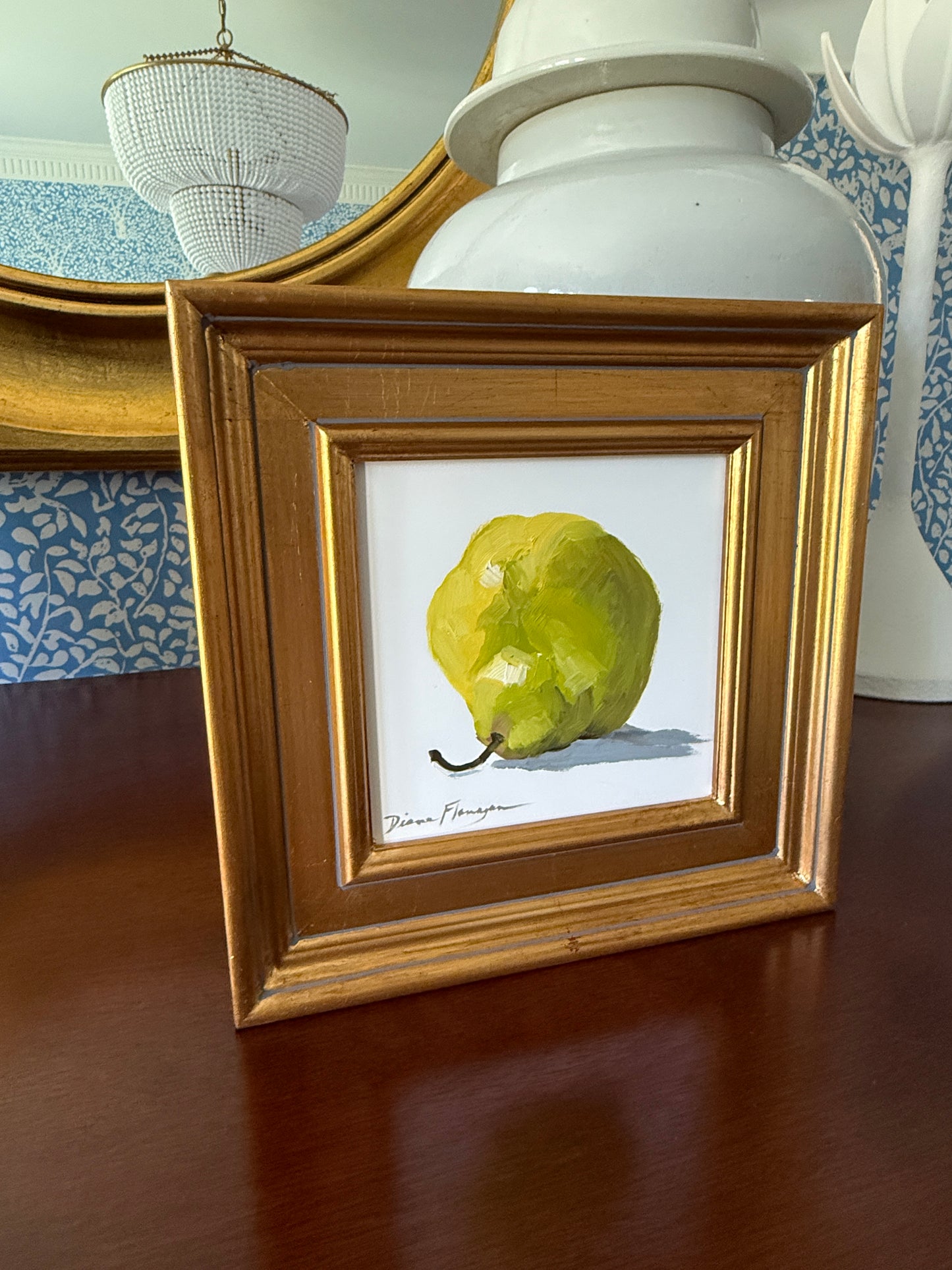 Set of Three Diane Flanagan Perfect Pears Trio Still Life Oil Paintings in Gold Frame