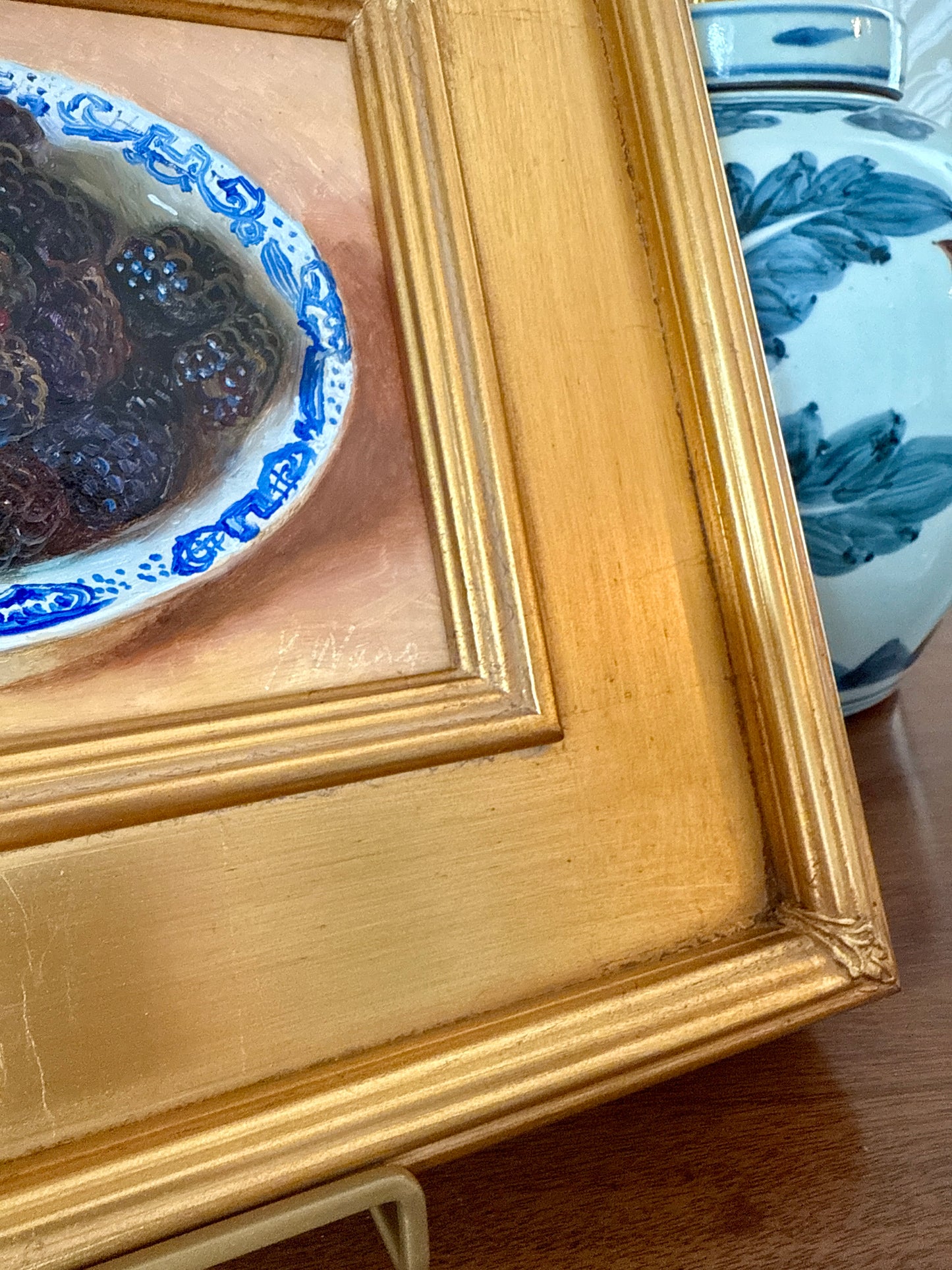 Blackberries in Blue and White Bowl Still Life Oil Painting in Gold Frame