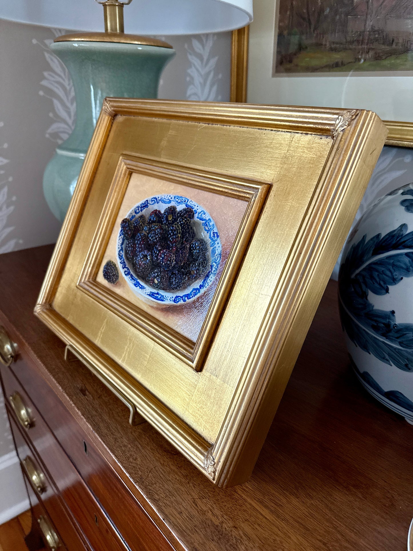 Blackberries in Blue and White Bowl Still Life Oil Painting in Gold Frame