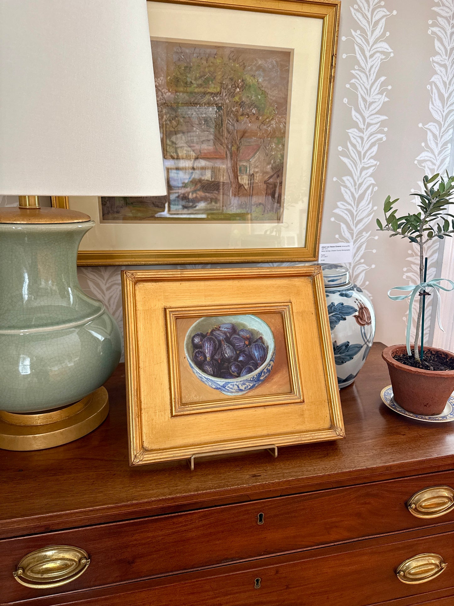 Figs in Blue and White Bowl Still Life Oil Painting in Gold Frame