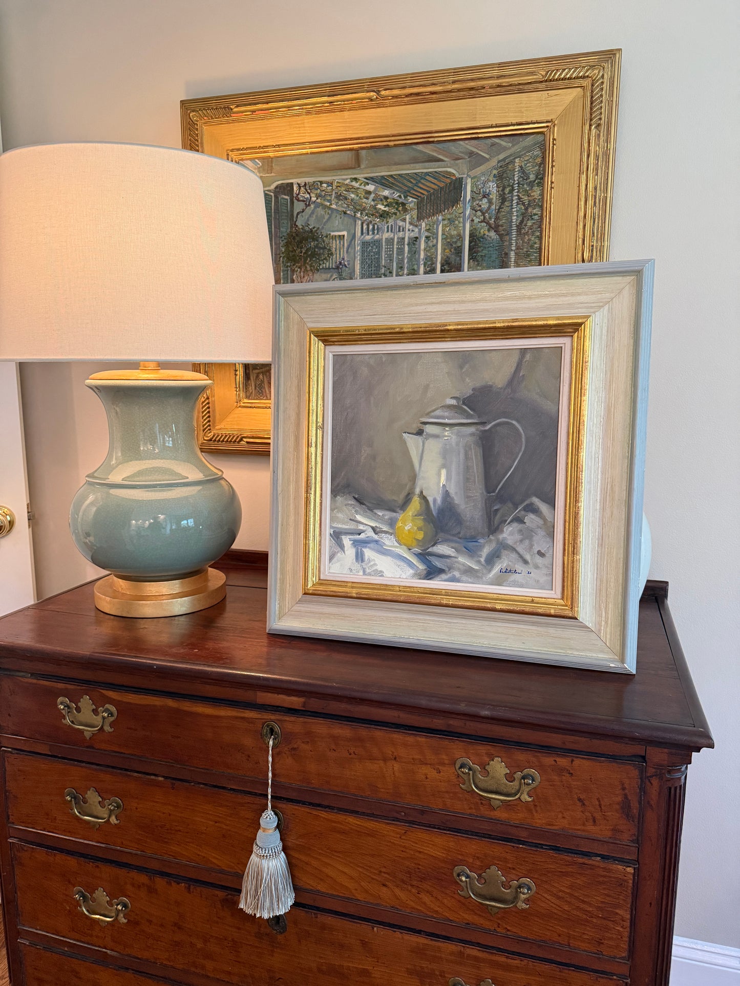 Cat Sutherland Pear and Enamel Pitcher Still Life Oil Painting in Light Blue and GIlded Frame