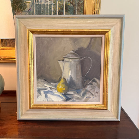 Cat Sutherland Pear and Enamel Pitcher Still Life Oil Painting in Light Blue and GIlded Frame