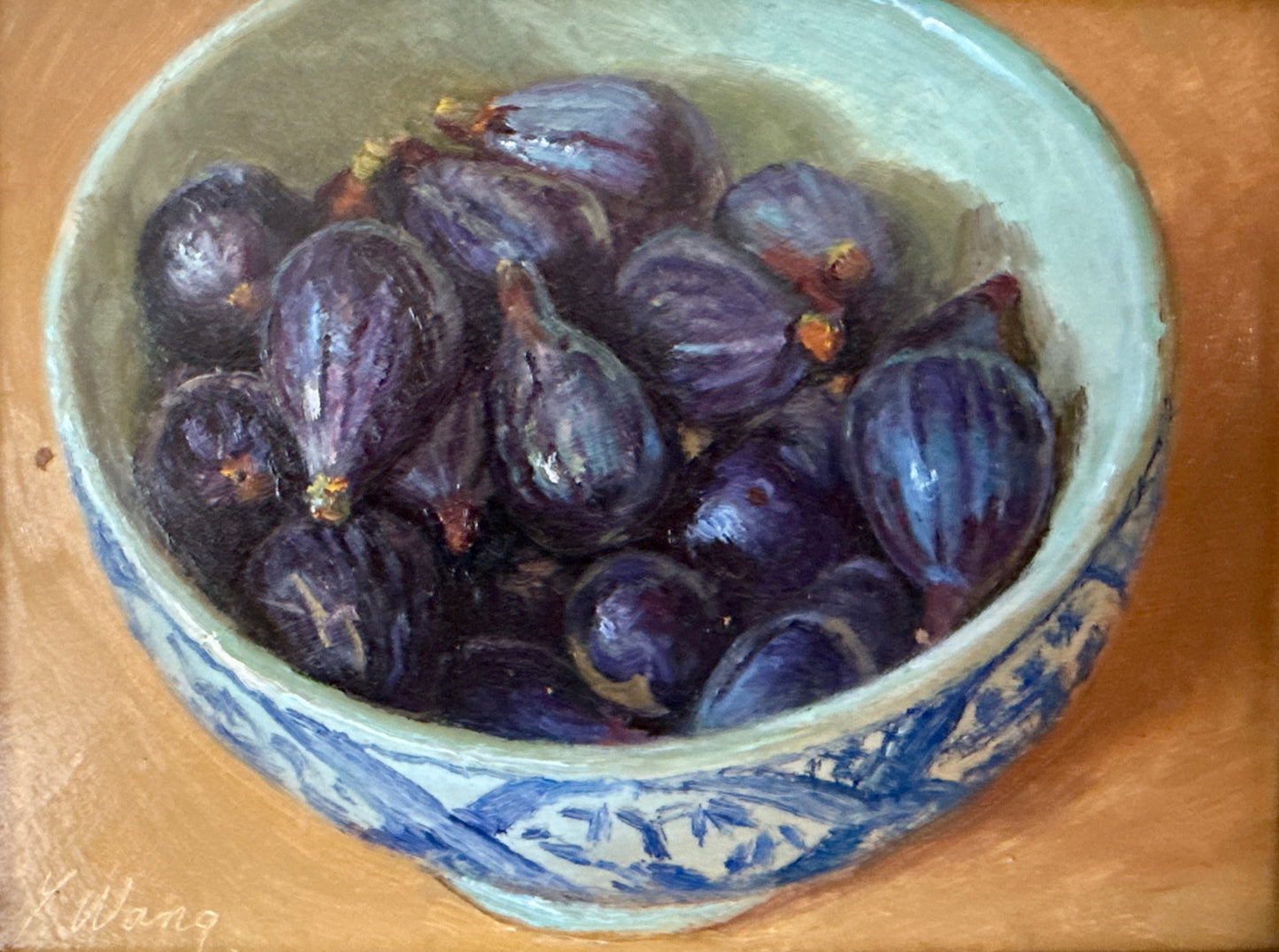 Figs in Blue and White Bowl Still Life Oil Painting in Gold Frame