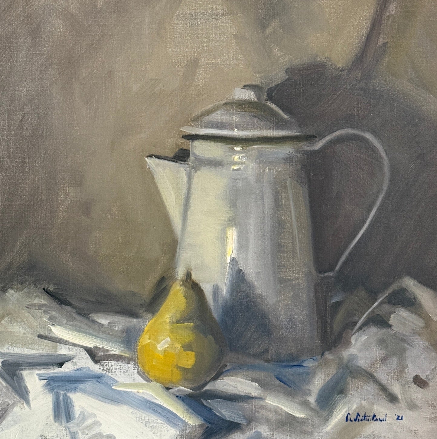 Cat Sutherland Pear and Enamel Pitcher Still Life Oil Painting in Light Blue and GIlded Frame