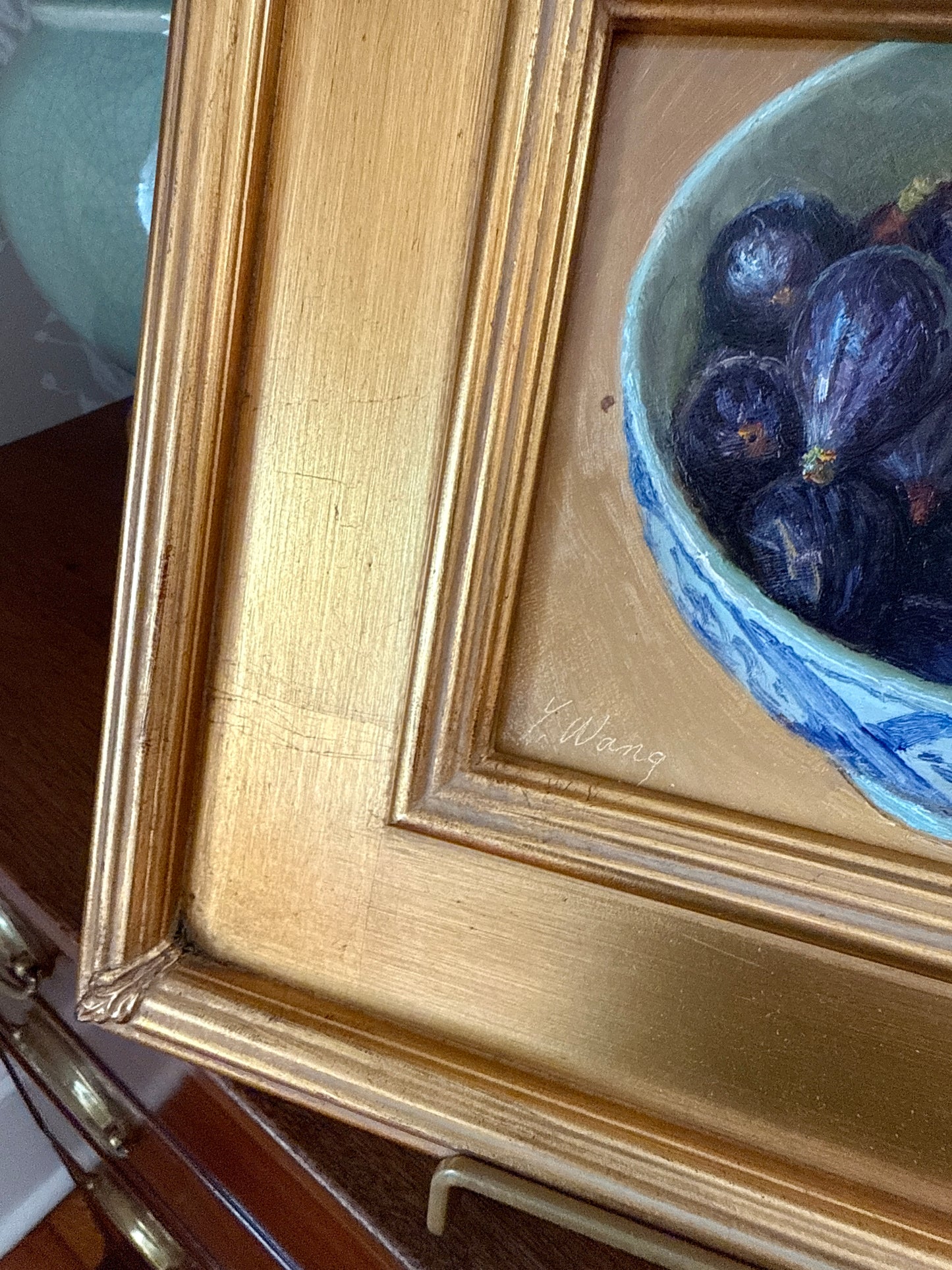 Figs in Blue and White Bowl Still Life Oil Painting in Gold Frame