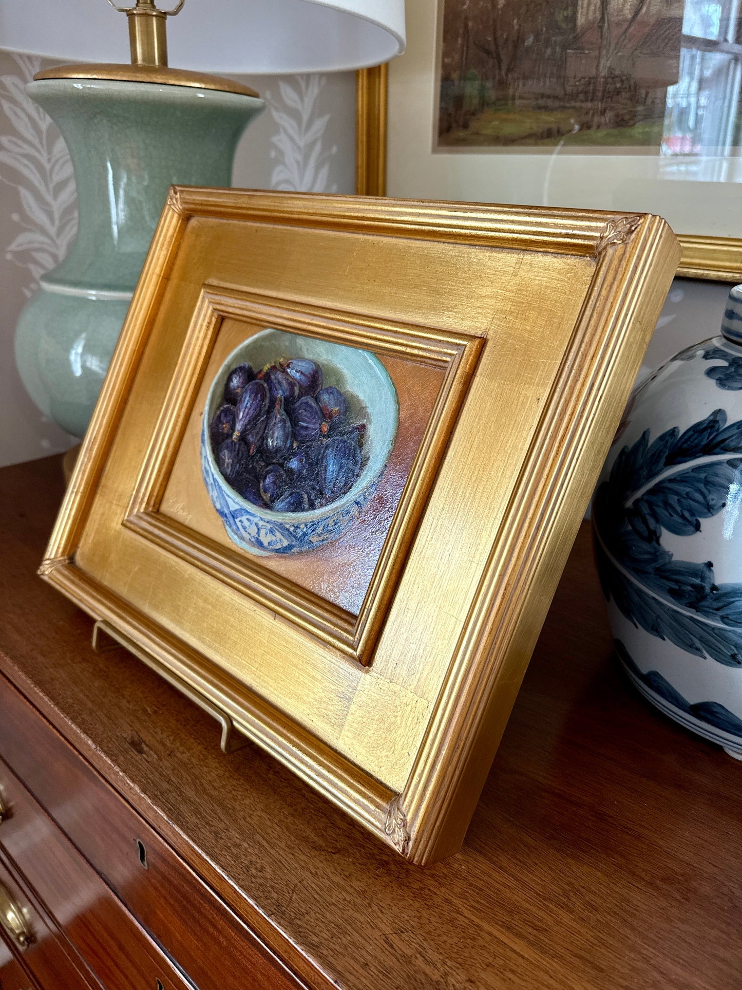 Figs in Blue and White Bowl Still Life Oil Painting in Gold Frame