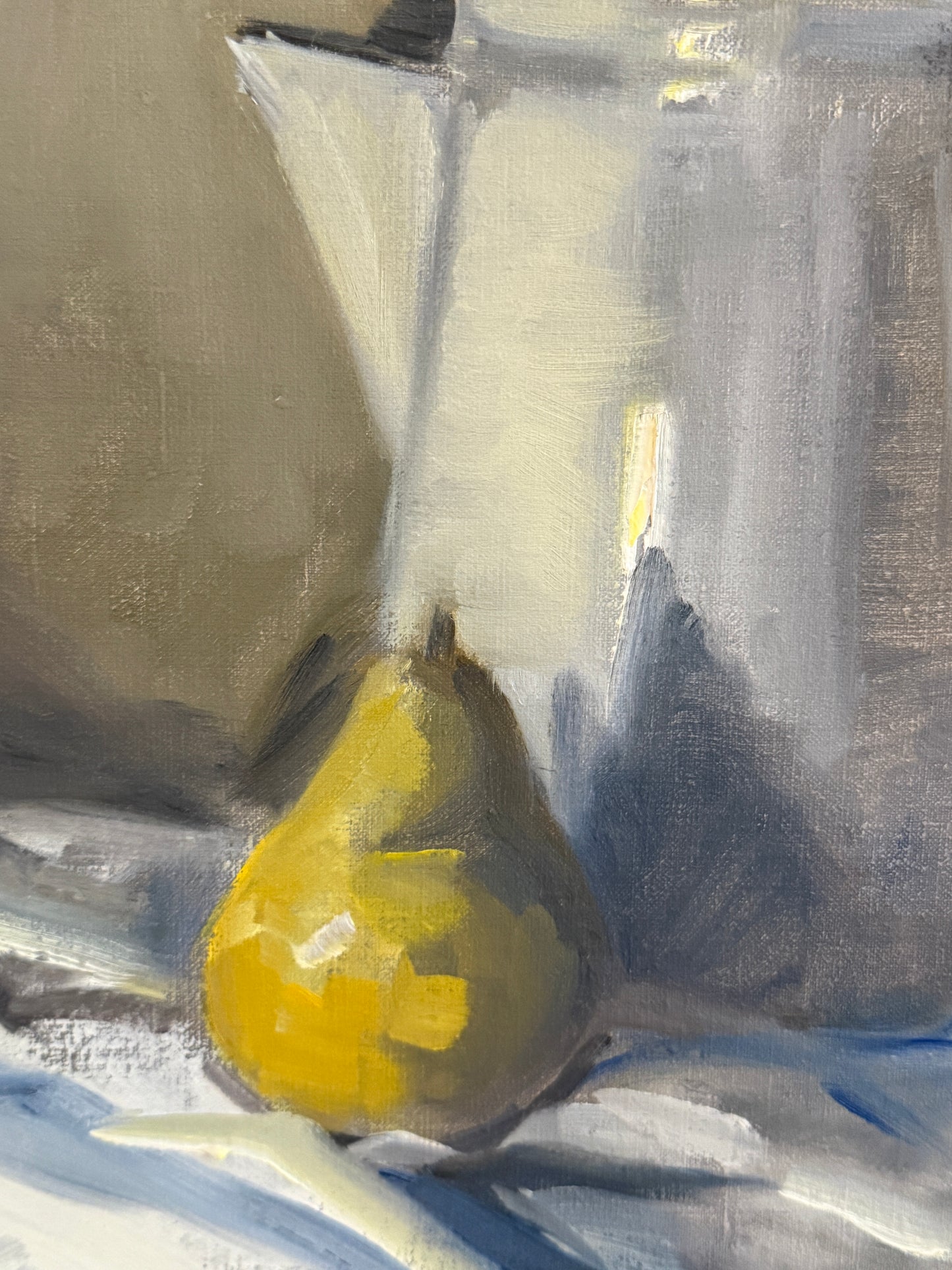 Cat Sutherland Pear and Enamel Pitcher Still Life Oil Painting in Light Blue and GIlded Frame