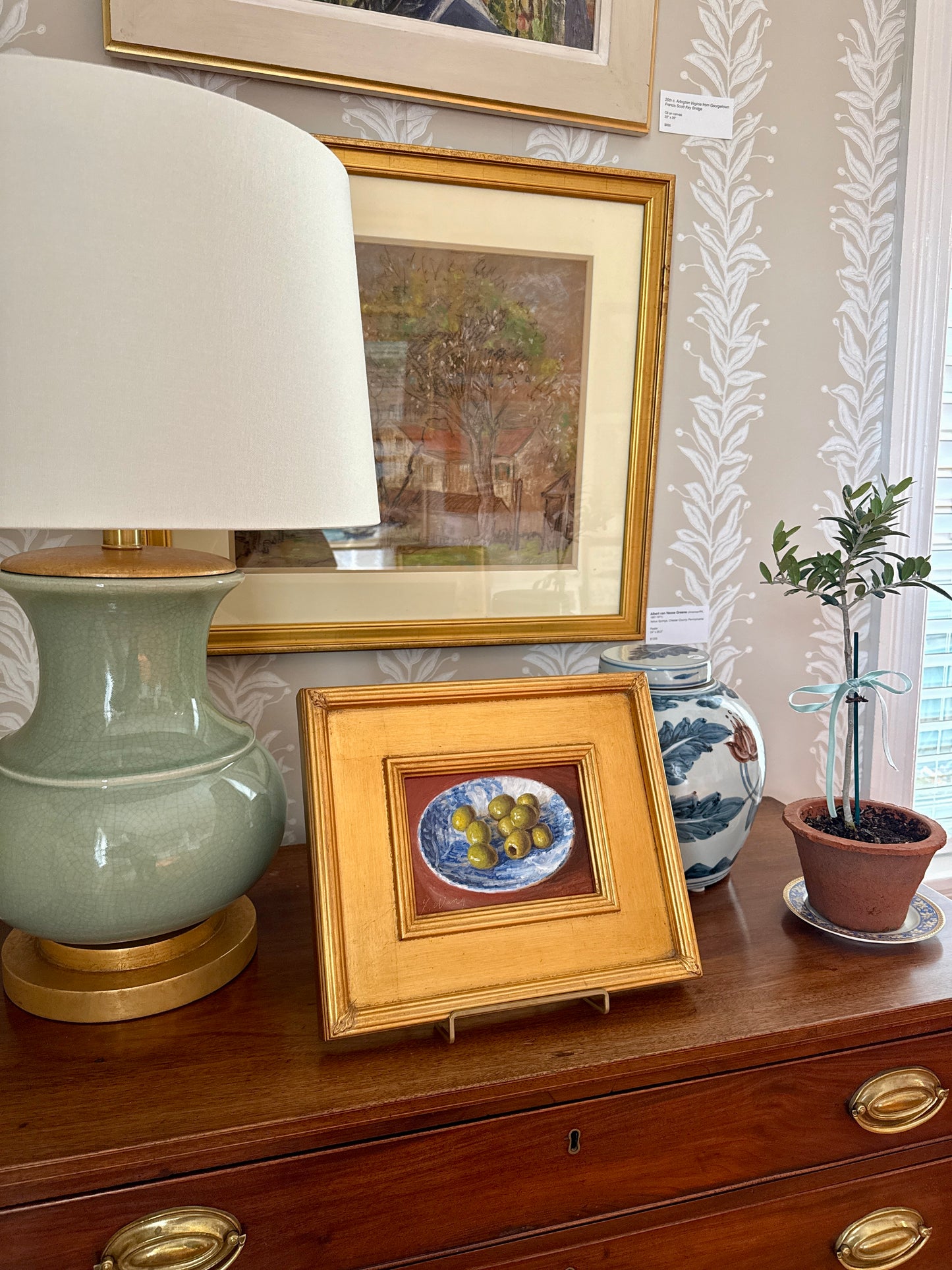 Youqing Wang Green Olives in Blue and White Bowl Still Life Oil Painting in Gold Frame